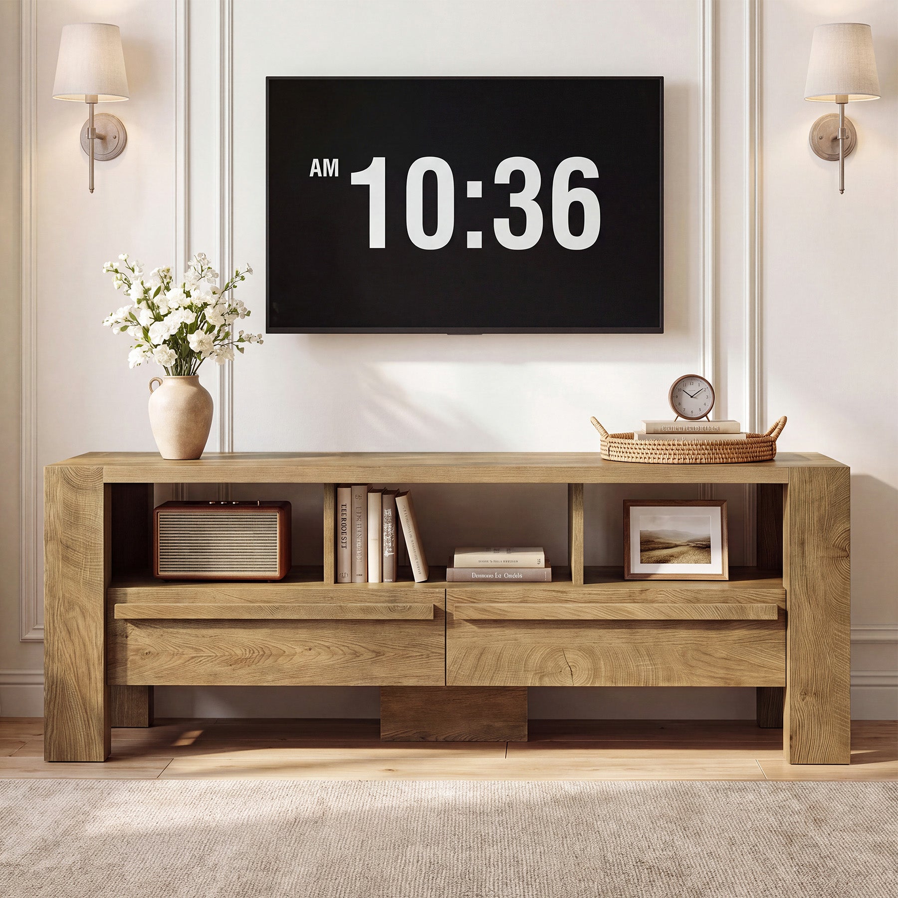 63" TV Stand for 75" TVs, Entertainment Media Console with 2 Drawers and Open Shelves for Living Room