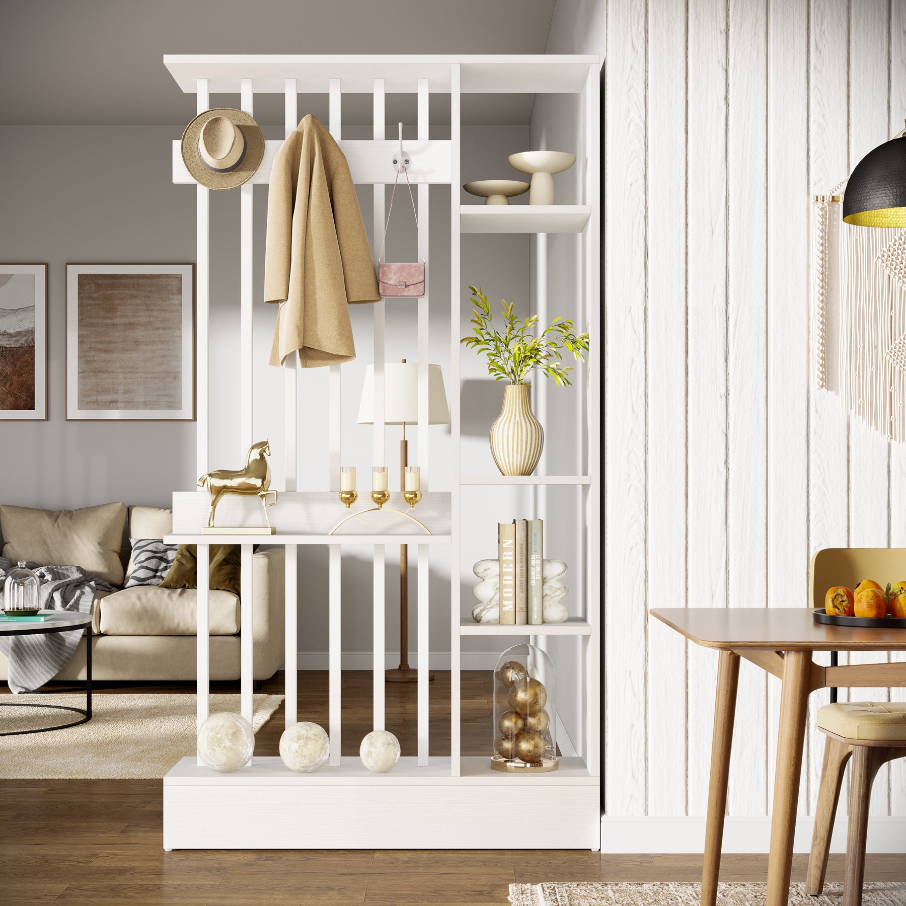 71" Wall Room Divider, Wood Freestanding Wall Partition Bookcase with Coat Hooks