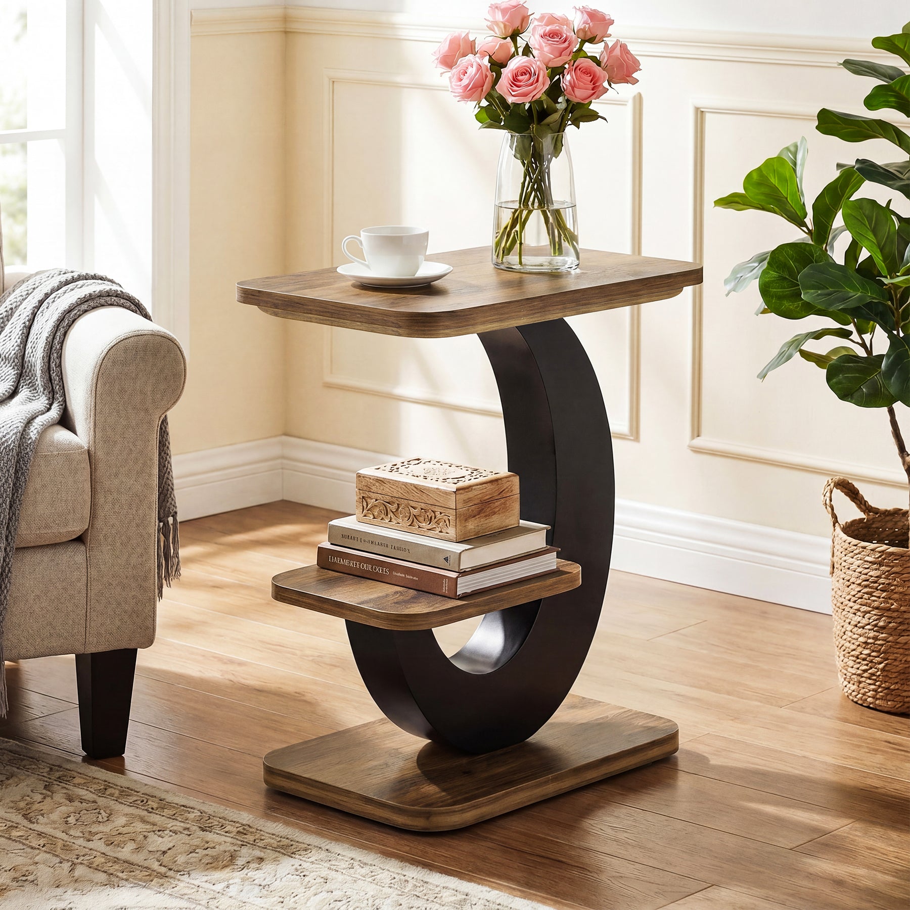 2-Tier End Table, Narrow Side Table with Metal Arc-Shaped Frame