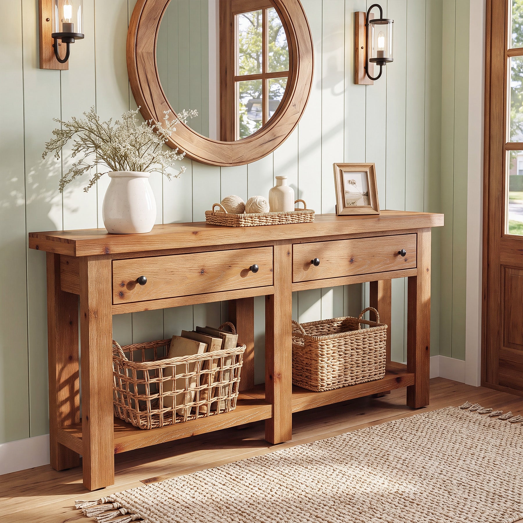 63" Console Table, Solid Wood Sofa Tables Behind Couch with 2 Drawers for Entryway