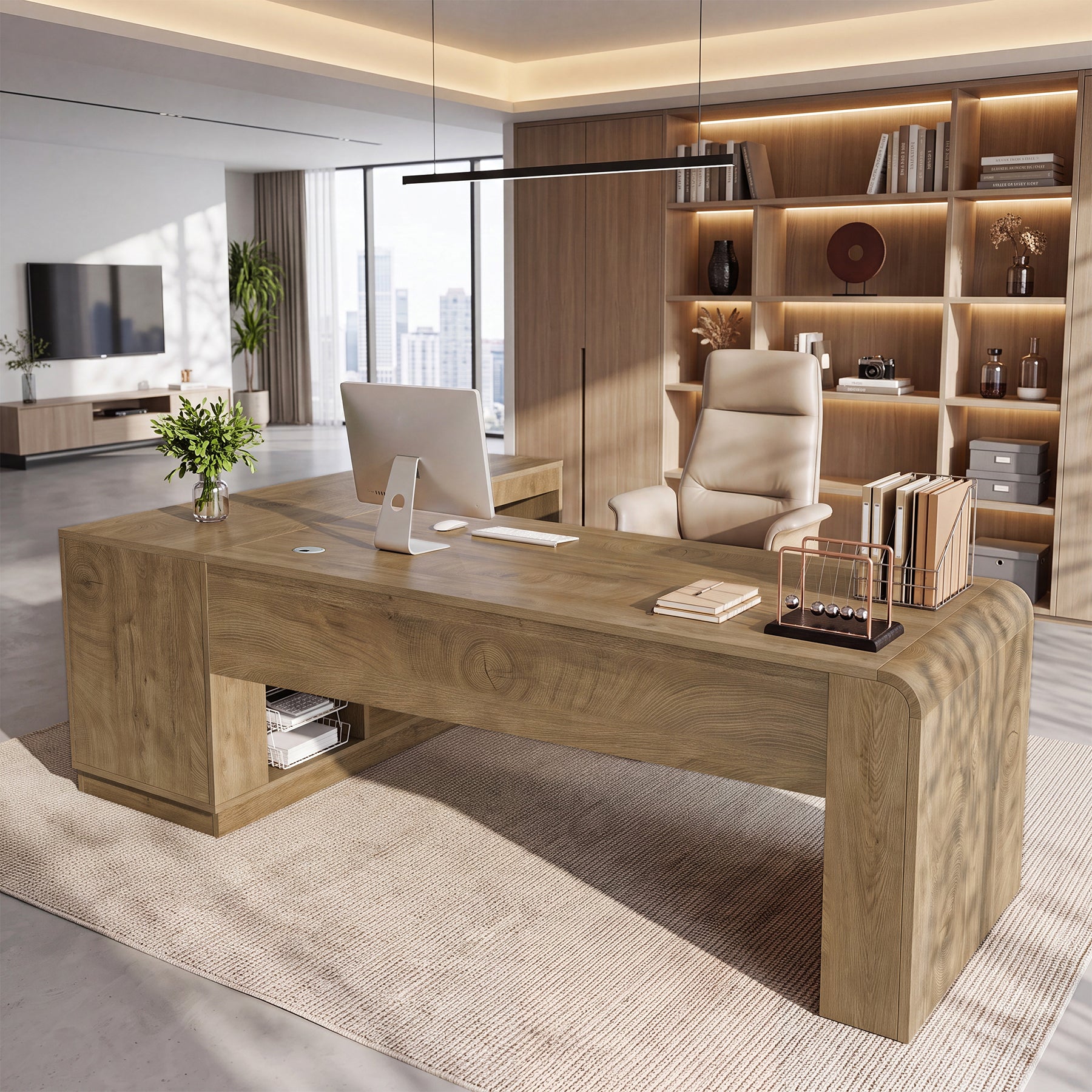 78.74" L-Shaped Executive Desk, Corner Computer Desk with Storage Cabinet for Home Office