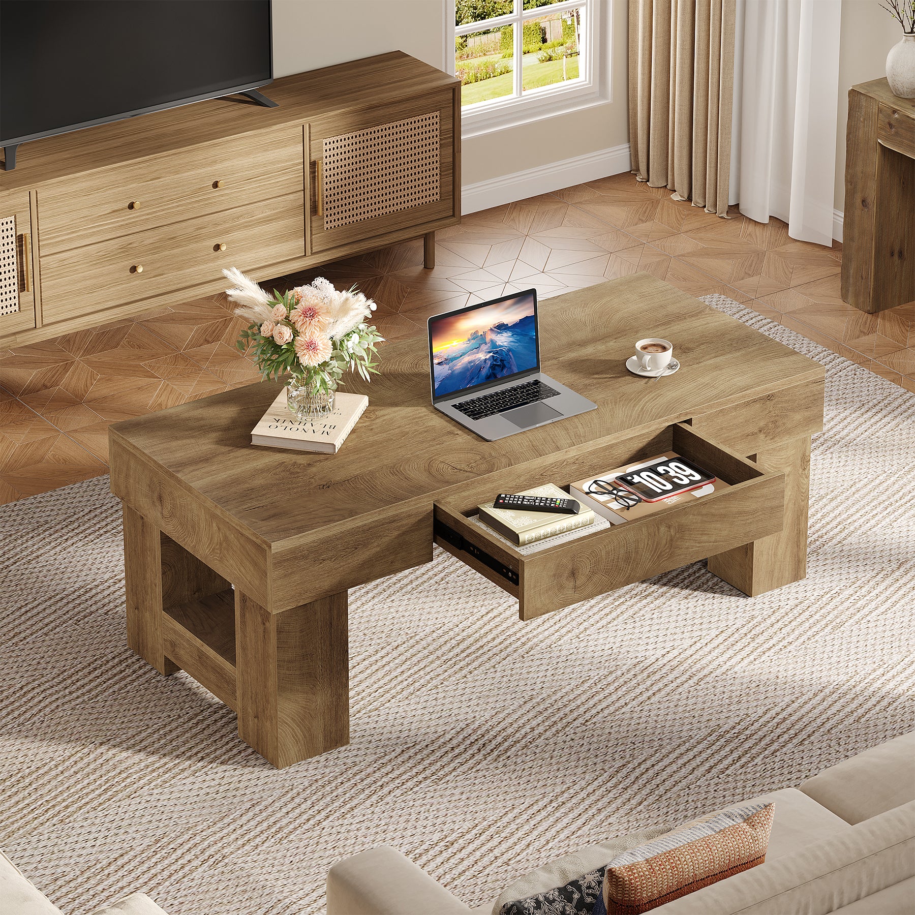 Coffee Table with Storage Drawer, 47" Farmhouse Center Cocktail Table