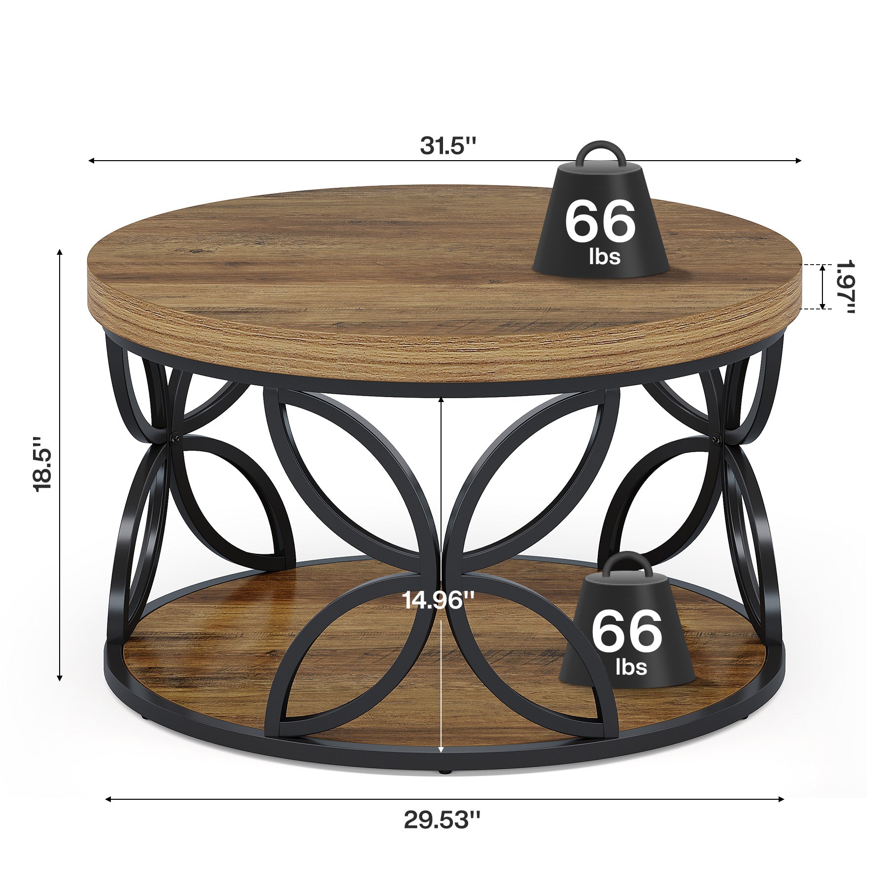 2-Tier Round Coffee Table, 31.5" Industrial Accent Tea Table with Metal Frame