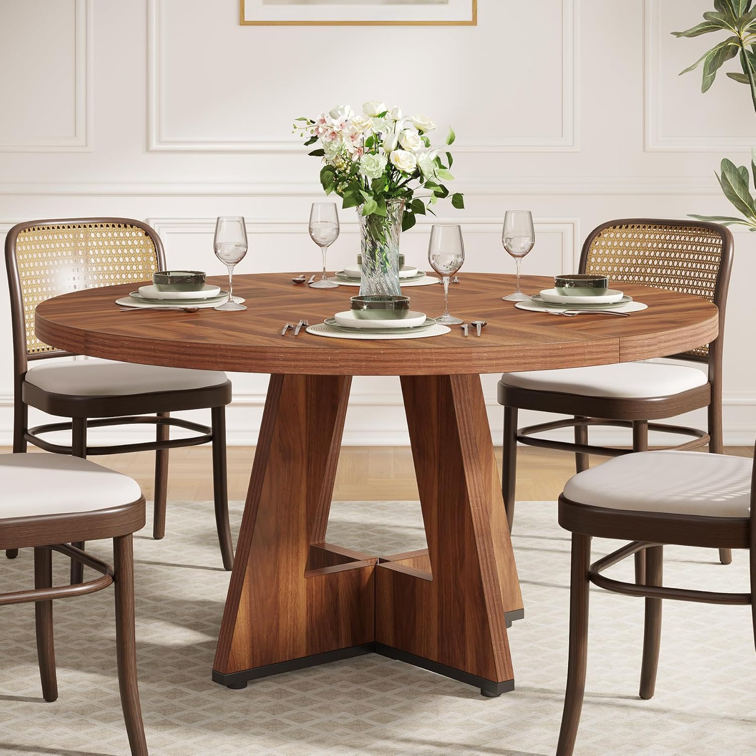 47-Inch Round Farmhouse Dining Table for 4–6 with Cross-Style Pedestal Base