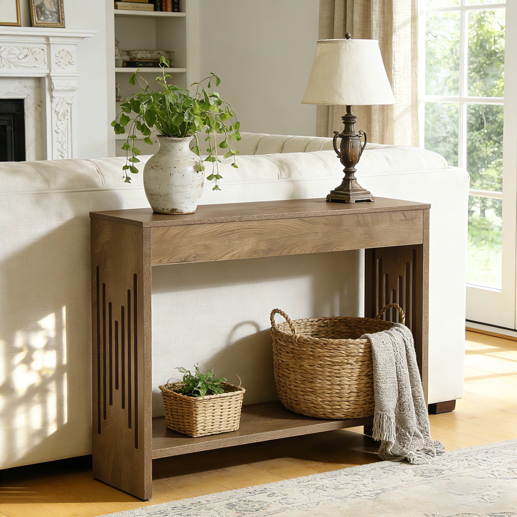 41.3" Farmhouse Console Table with 2-Tier Shelf, Narrow Sofa Table with Fluted Legs for Entryway or Behind Couch