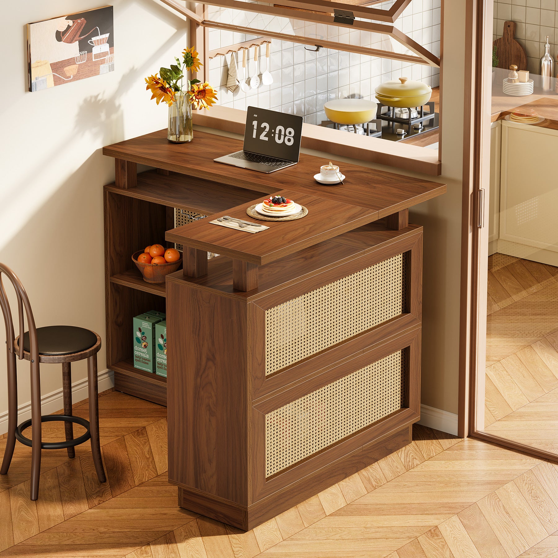 L-Shaped Home Bar Unit, Rattan Bar Table Liquor Cabinet with 4-Tier Storage Shelf