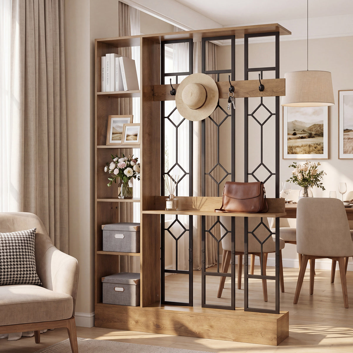 71" Wall Room Divider with Storage Shelves & Coat Hooks, Freestanding Wall Partition for Entryway