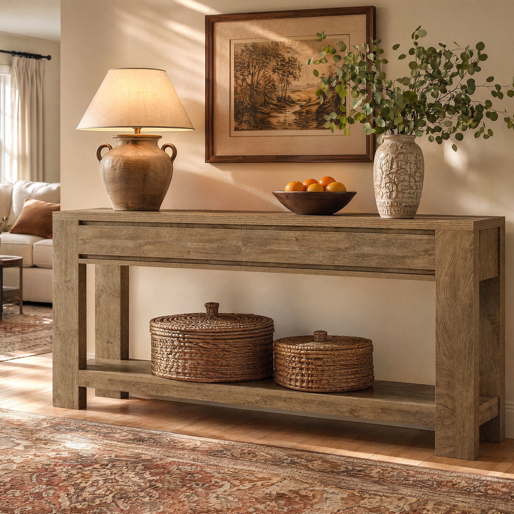 63" Console Table with 2 Storage Drawers, Farmhouse Entryway Table with Open Shelf
