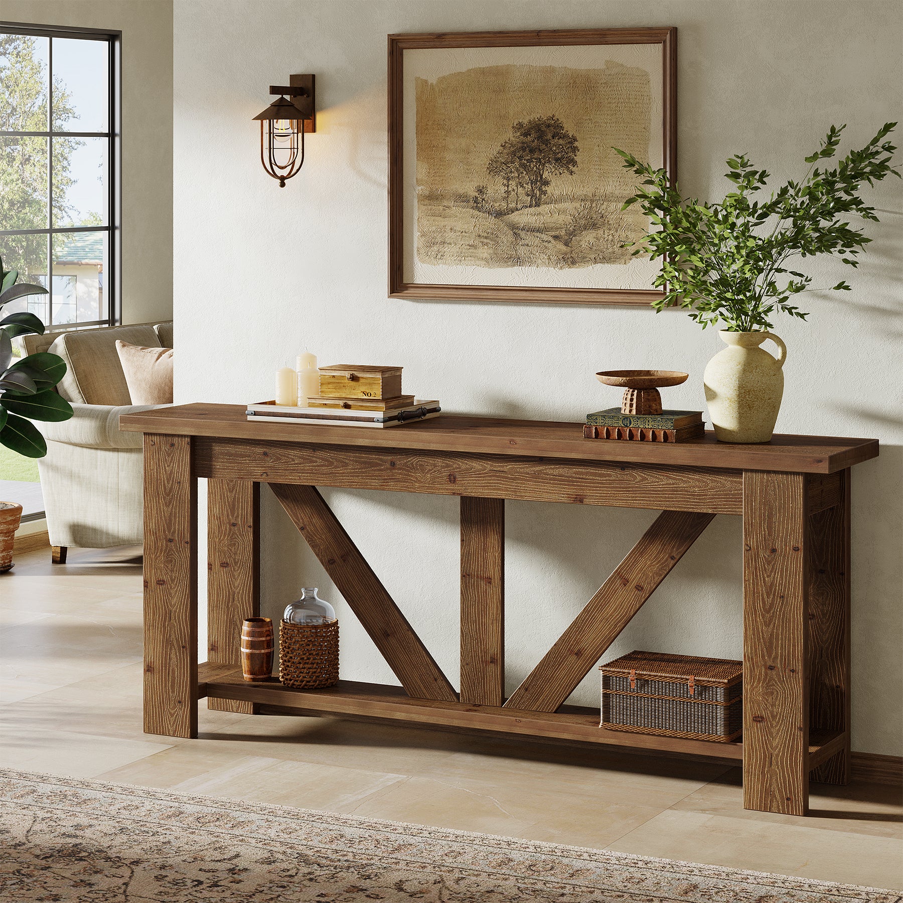 70.9" Solid Wood Console Table, 2-Tier Sofa Table Behind Couch with Storage