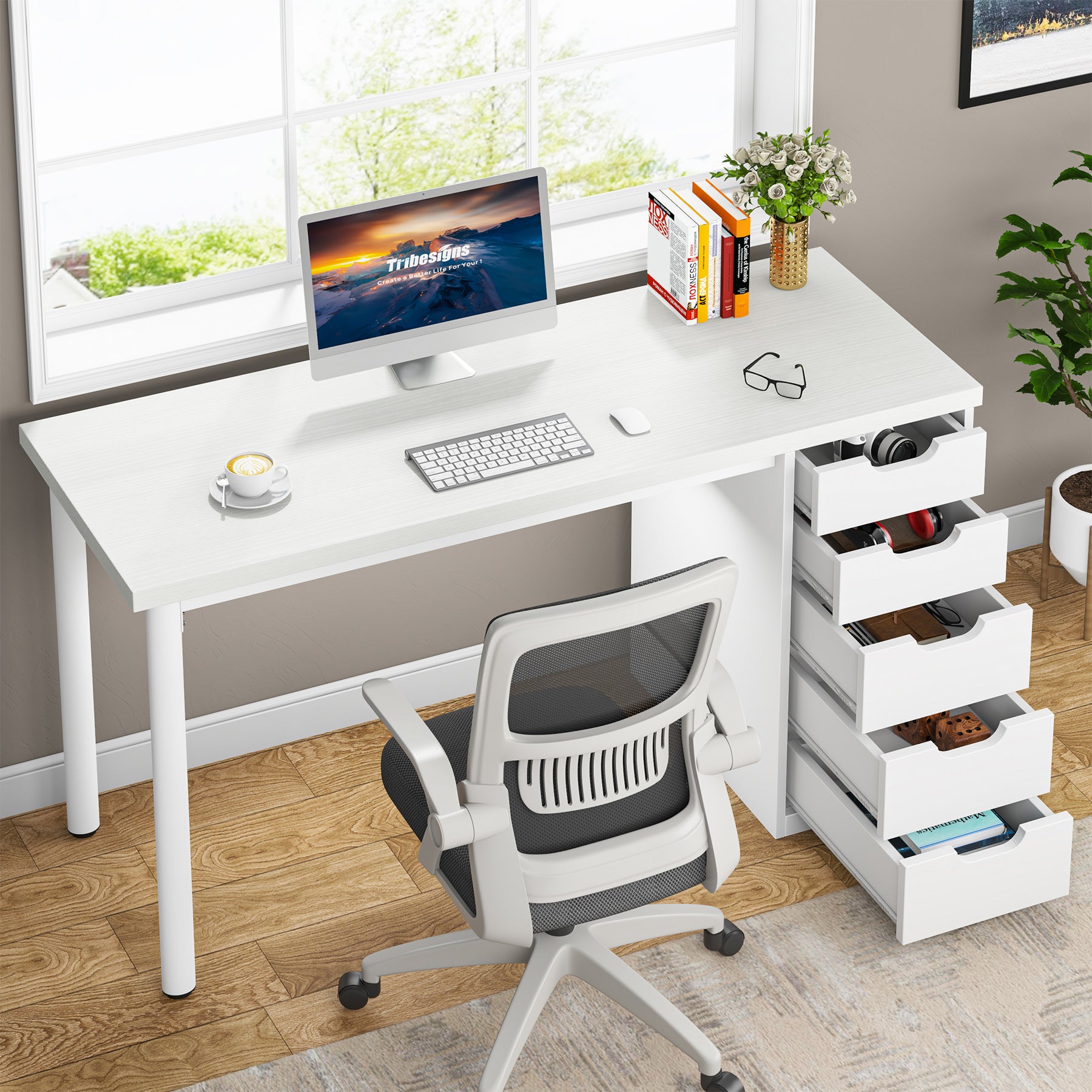 47" Computer Desk with 5 Drawers, Compact Storage Home Office Desk