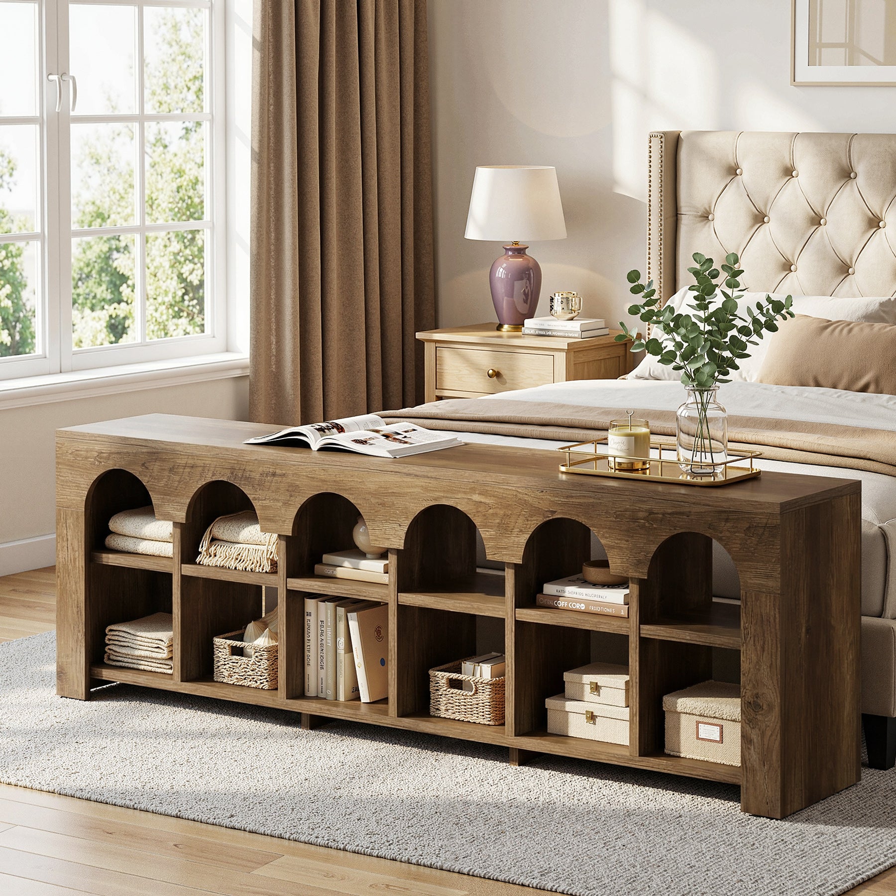 63" Entryway Bench, 2-Tier Narrow Shoe Storage Bench with Arched Cubbies