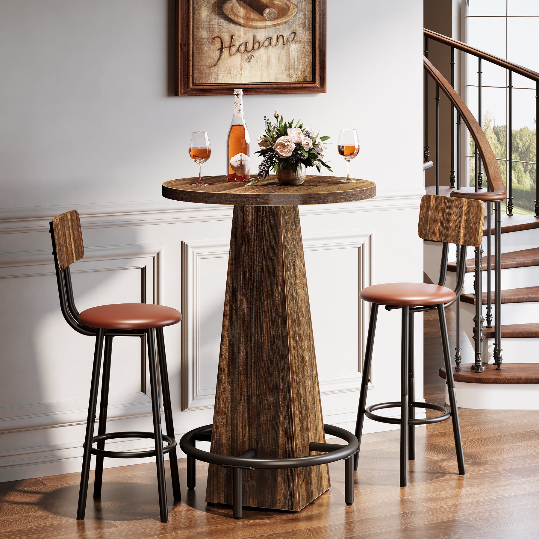 Round Pub Table, Counter Height Bar Table With Footrest Tribesigns