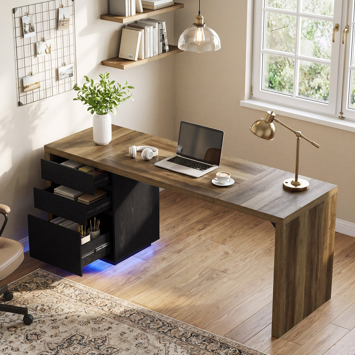 79" Modern Executive Desk with 3 Drawers & RGB Lights, Double Computer Desk