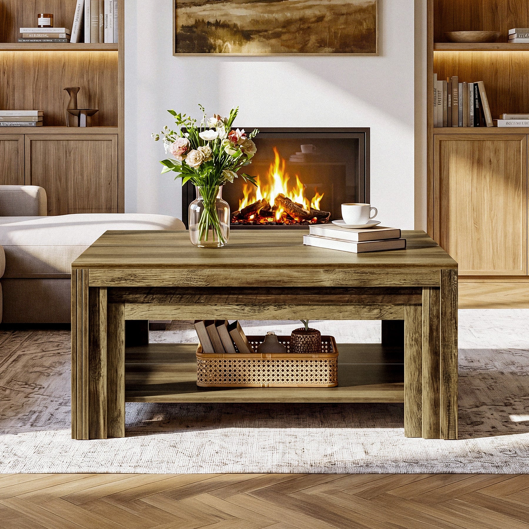 Farmhouse Square Coffee Table with Shelf