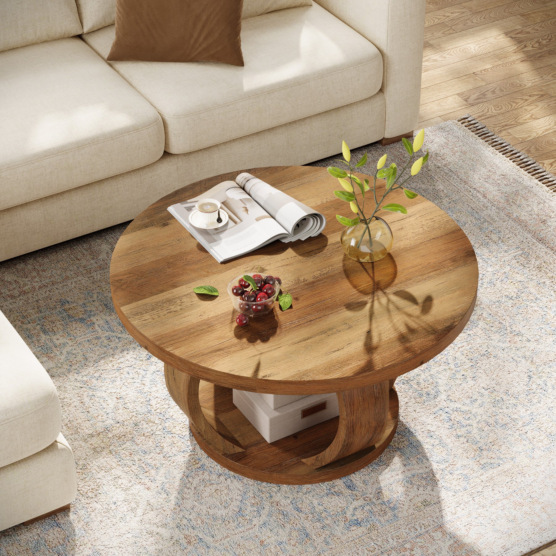 31.5" Round Coffee Table, 2-Tier Wooden Center Table with Storage