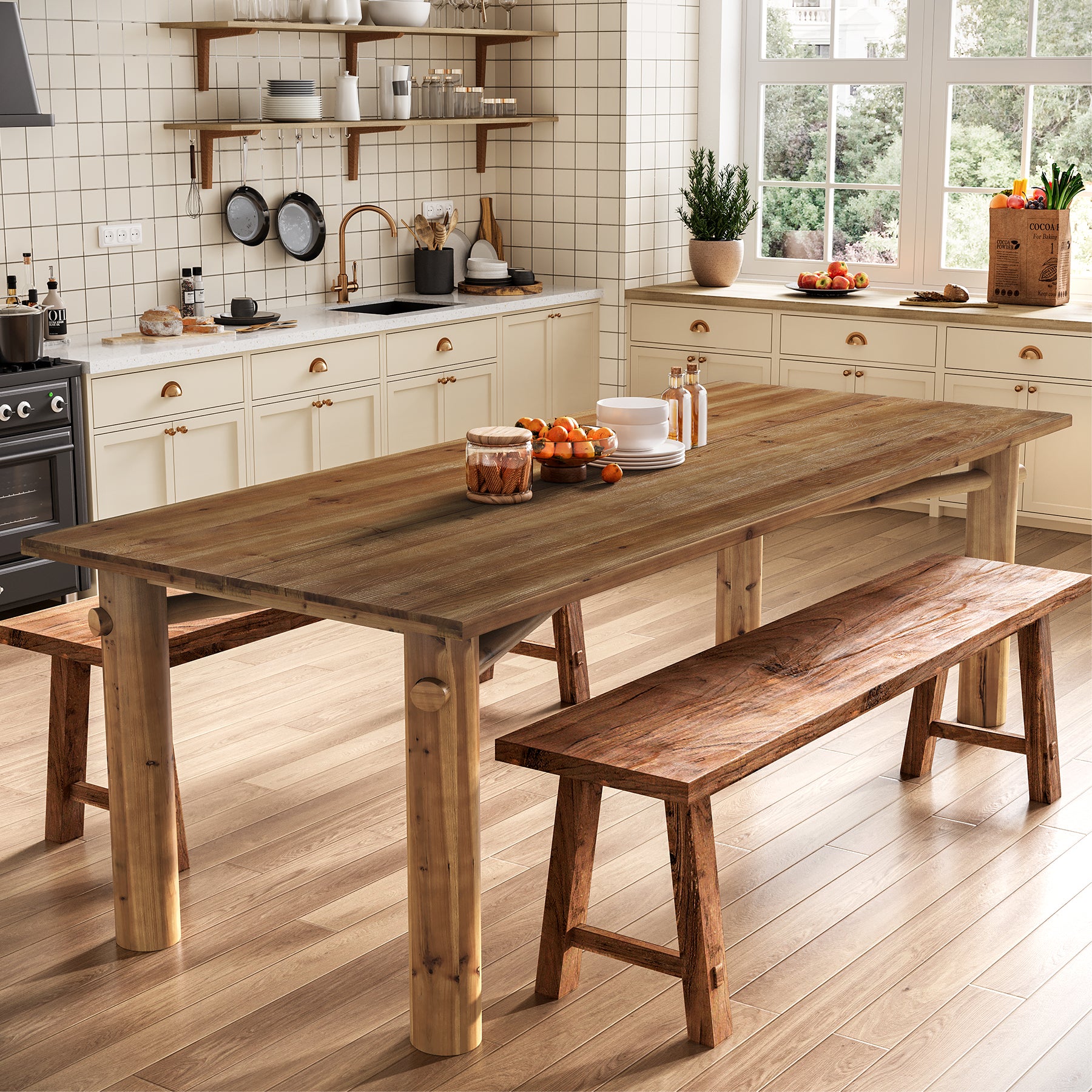 Solid Wood Dining Table for 6, 63" Rectangle Kitchen Table with Strong Legs