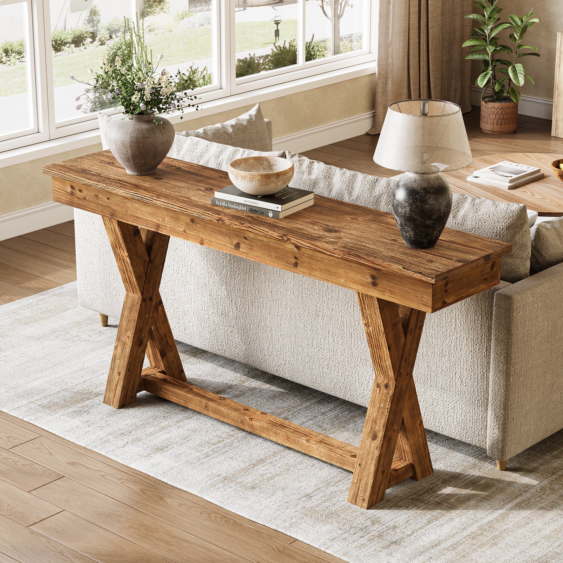 Solid Wood Console Table, 63" Sofa Entryway Table with X-Shaped Legs