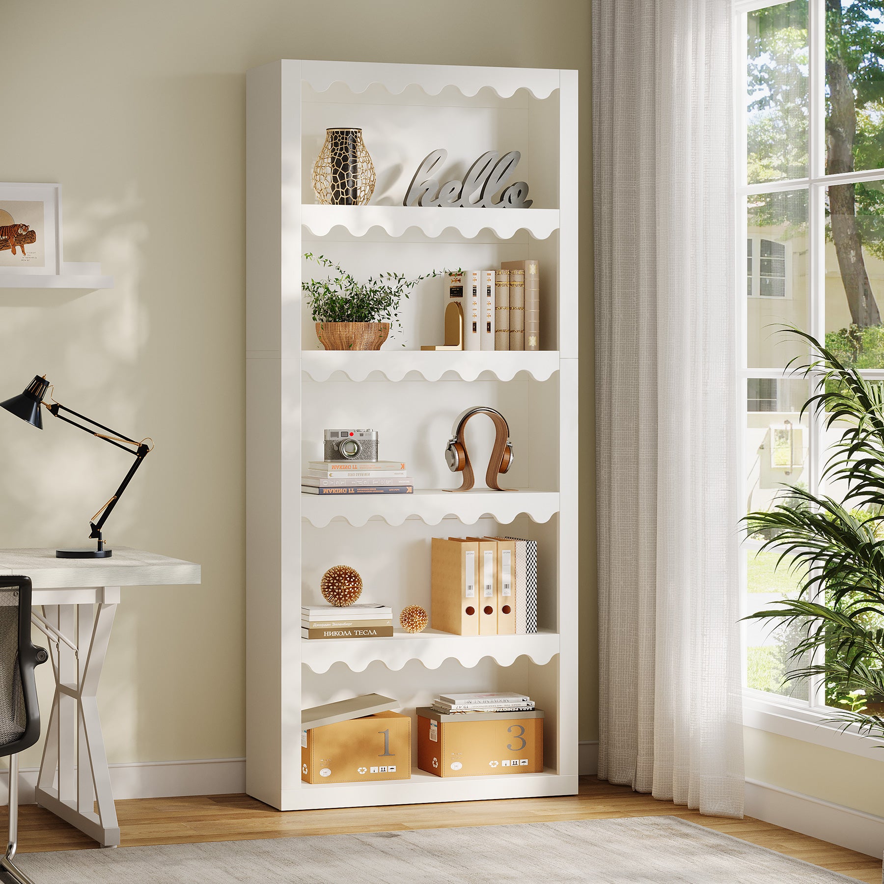 70" Tall 5-Tier White Bookcase, Open Bookshelf with Scalloped Edges