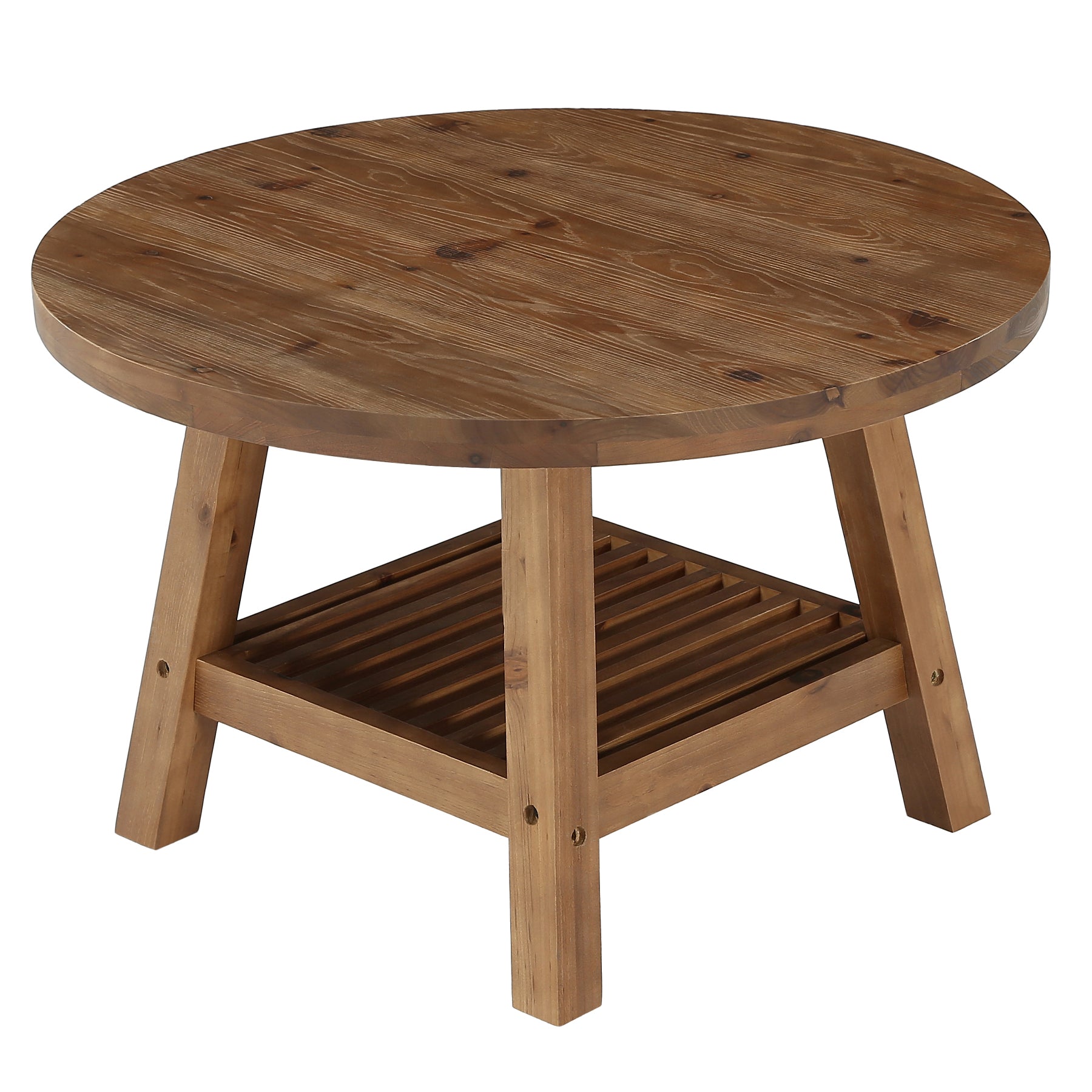 Solid Wood Round Coffee Table, 31.5" Center Table with 2-Tier Storage for Living Room