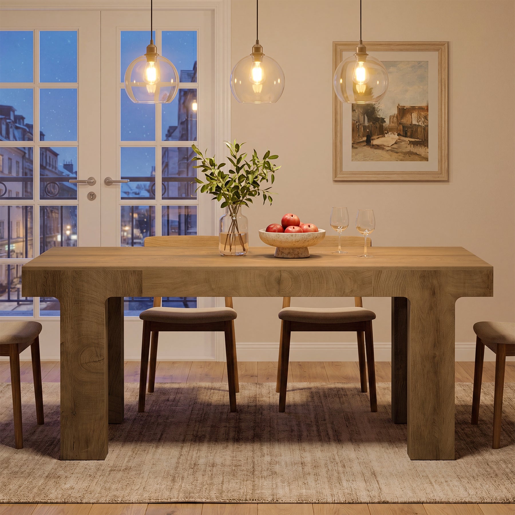 63" Dining Table for 4-6 People, Rectangular Kitchen Table with Smooth Curved Edge