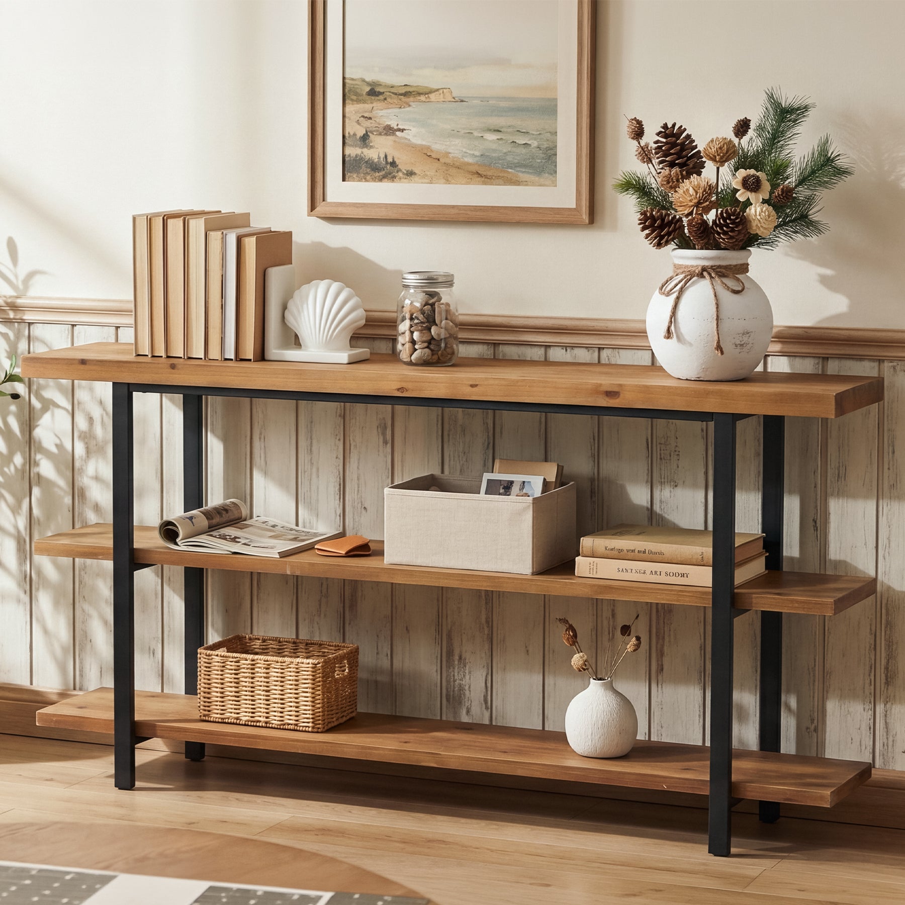 63" Solid Wood Console Table with 3-Tier Storage, Farmhouse Entryway Sofa Table with Metal Frame
