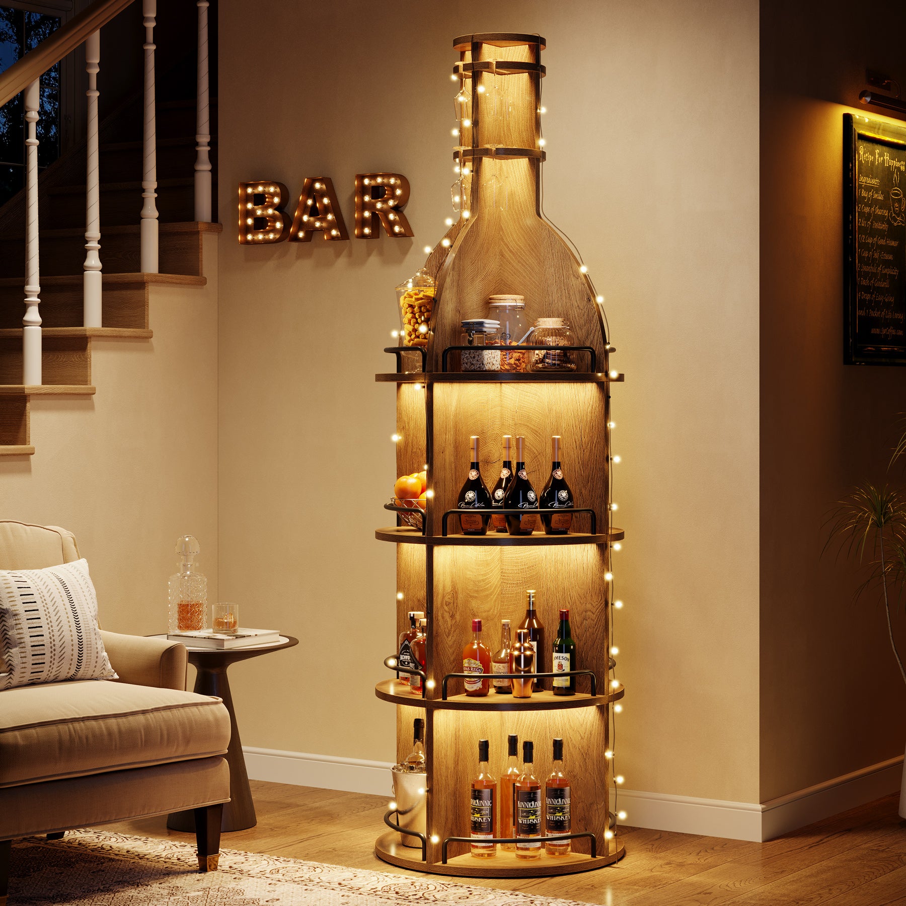 75" Wine Rack with Shelves, Round Wine Cabinet with Hanging Goblet Holder (No Lights)