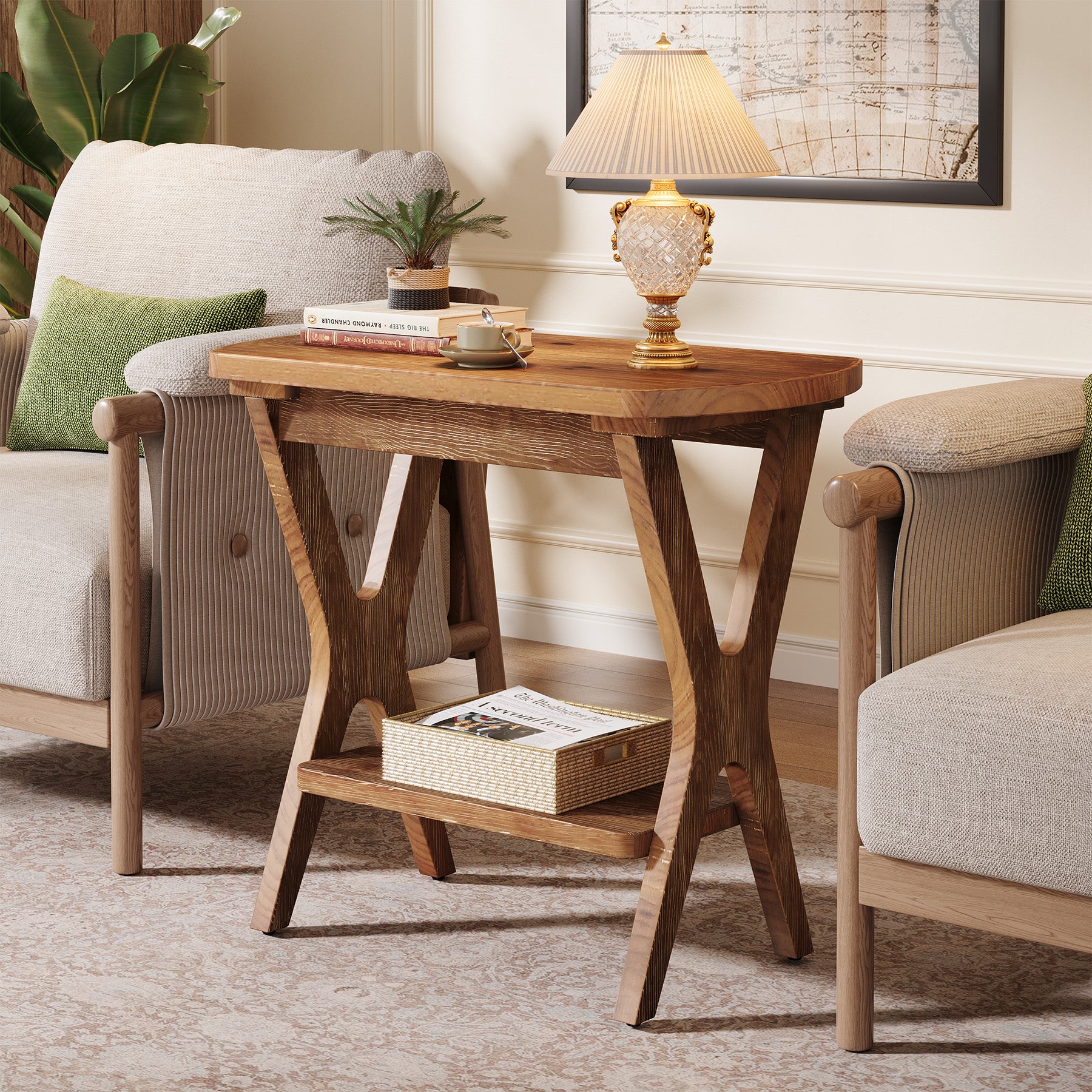 Solid Wood Side Table, 2-Tier End Table Nightstand with Storage for Living Room
