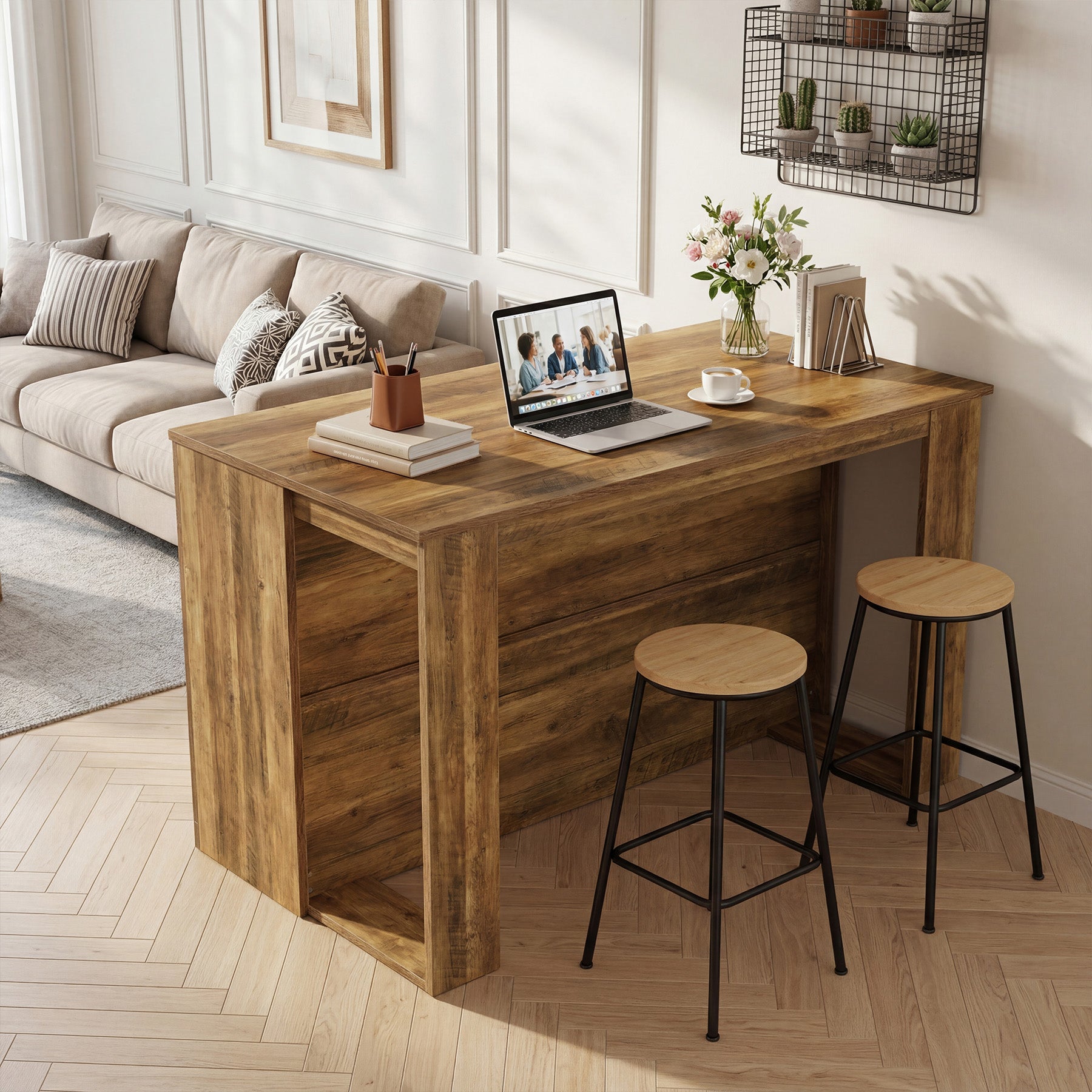 Wooden Kitchen Island, 55" Counter Height Coffee Bar Table with 2-Tier Shelves