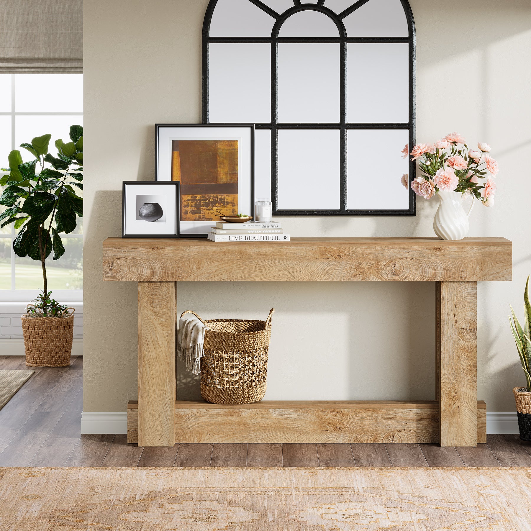 63" Wood Console Table, 2-Tier Farmhouse Entryway Table