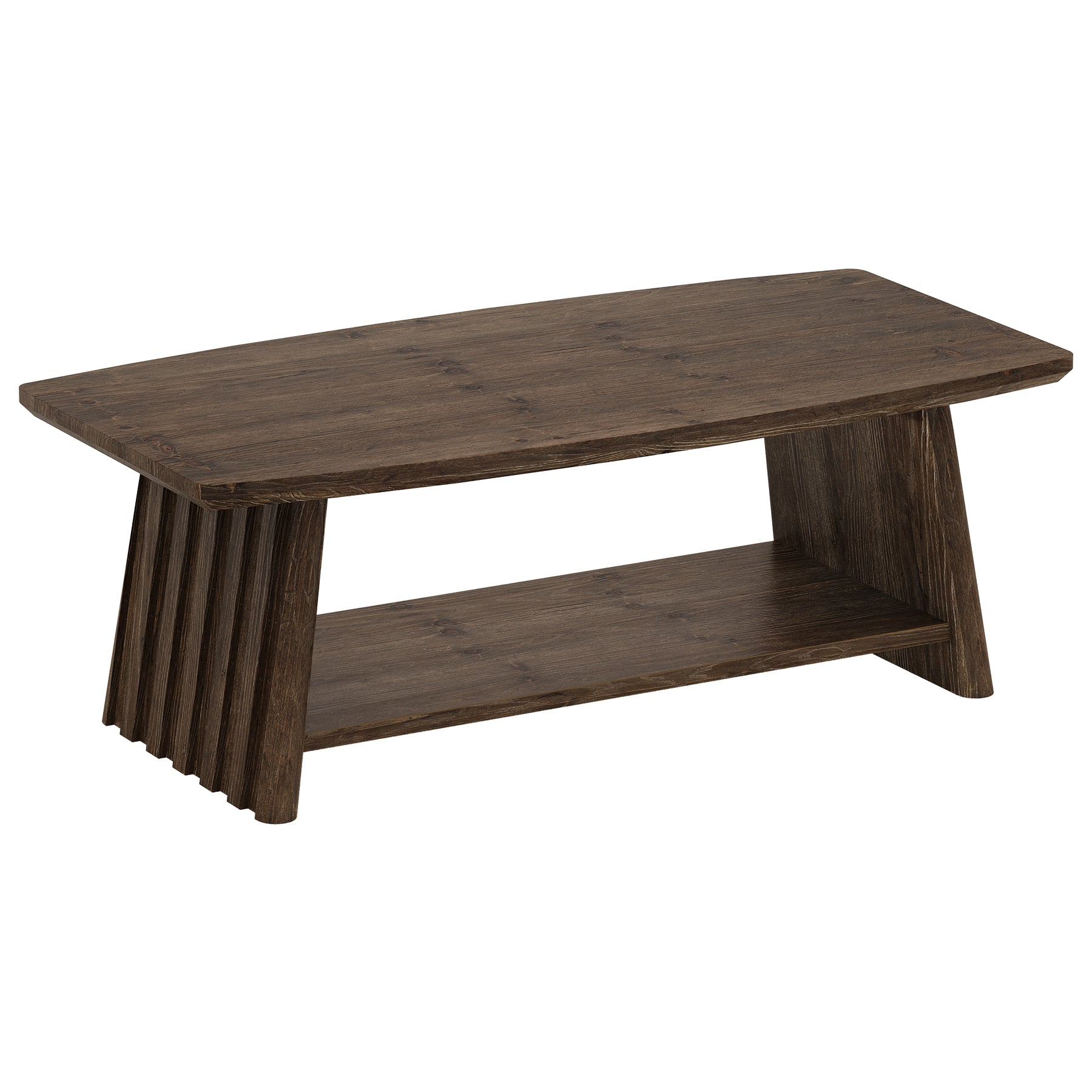 47" Solid Wood Coffee Table, 2-Tier Center Table with Unique Fluted Panels