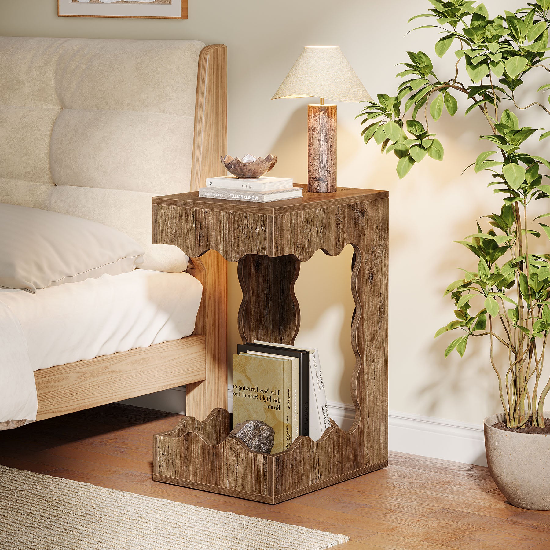 C-Shaped End Table, 2-Tier Side Table Farmhouse Nightstand