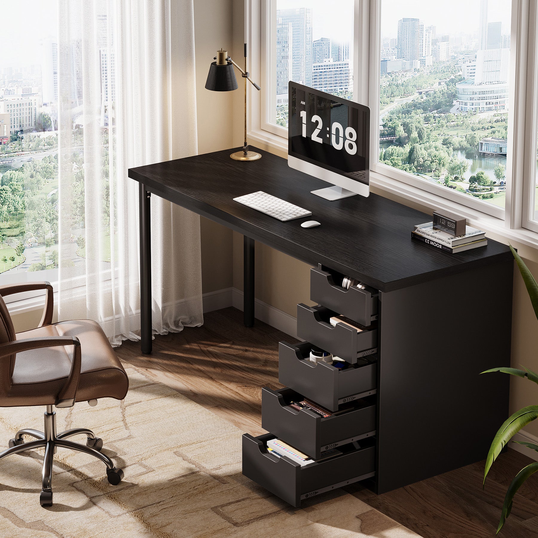Tribesigns 47" Computer Desk with 5 Reversible Drawers, Rustic Home Office Workstation