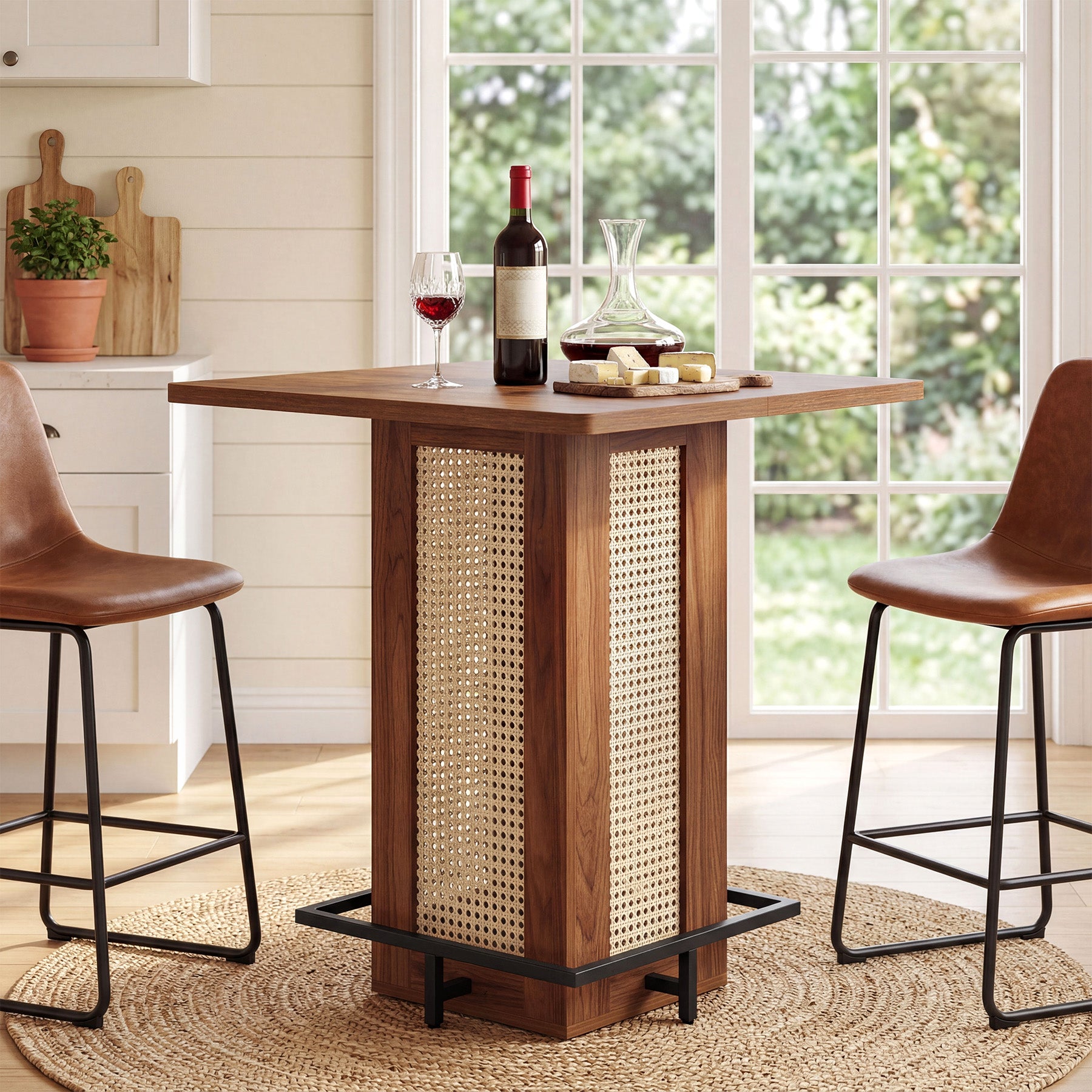 31.5" Square Bar Table, Rattan Pub Table with Footrest for Kitchen Breakfast Nook