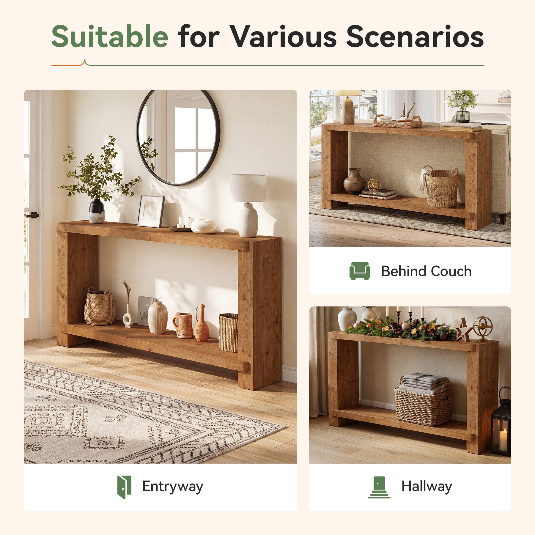 57" Solid Wood Console Table, Narrow Entryway Sofa Table with Shelf for Hallway