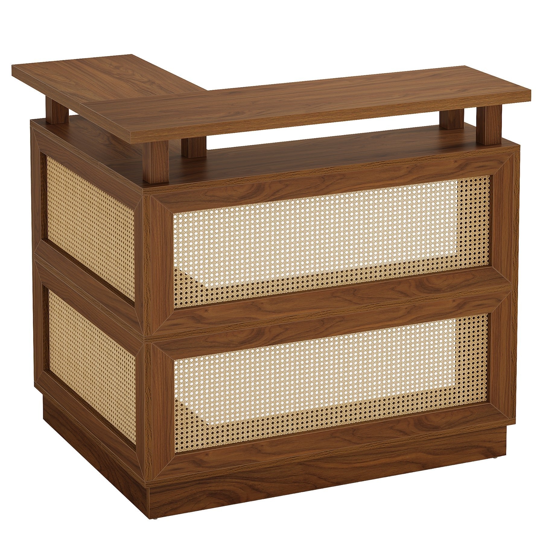 L-Shaped Home Bar Unit, Rattan Bar Table Liquor Cabinet with 4-Tier Storage Shelf
