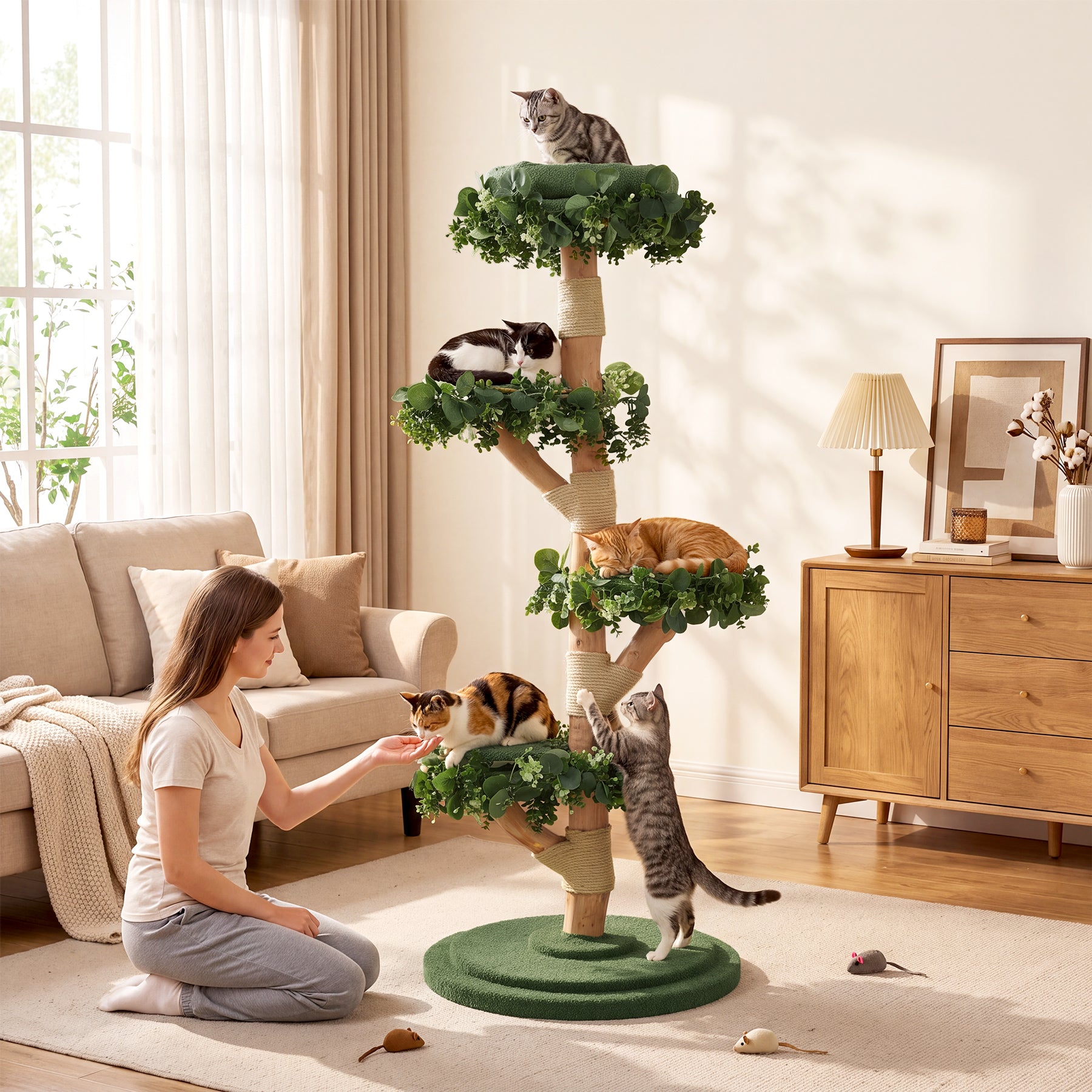 Solid Wood Cat Tree, 59.06" Tall Cat Tower with Sisal Scratching Posts, Washable & Removable Cushions