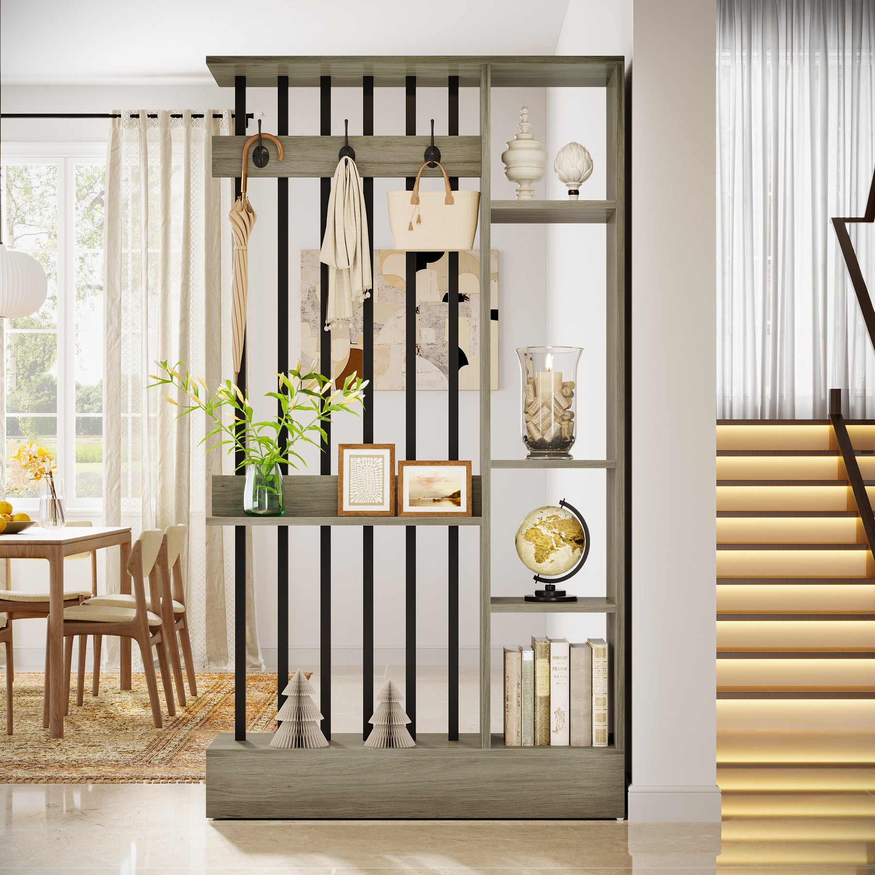 71" Wall Room Divider, Wood Freestanding Wall Partition Bookcase with Coat Hooks