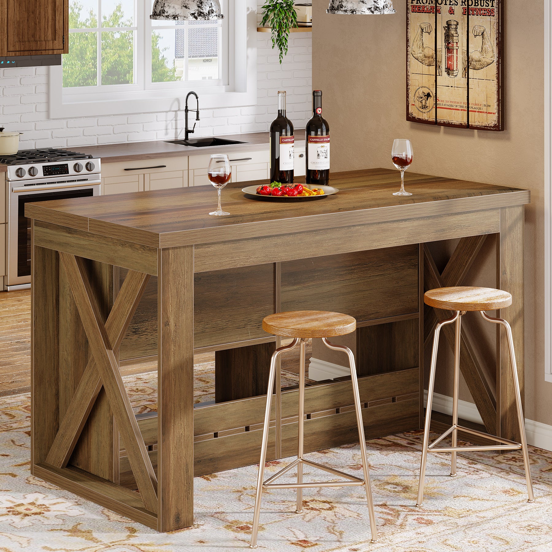 55" Kitchen Island, Wooden Bar Table with 2 Drawers and Open Shelf