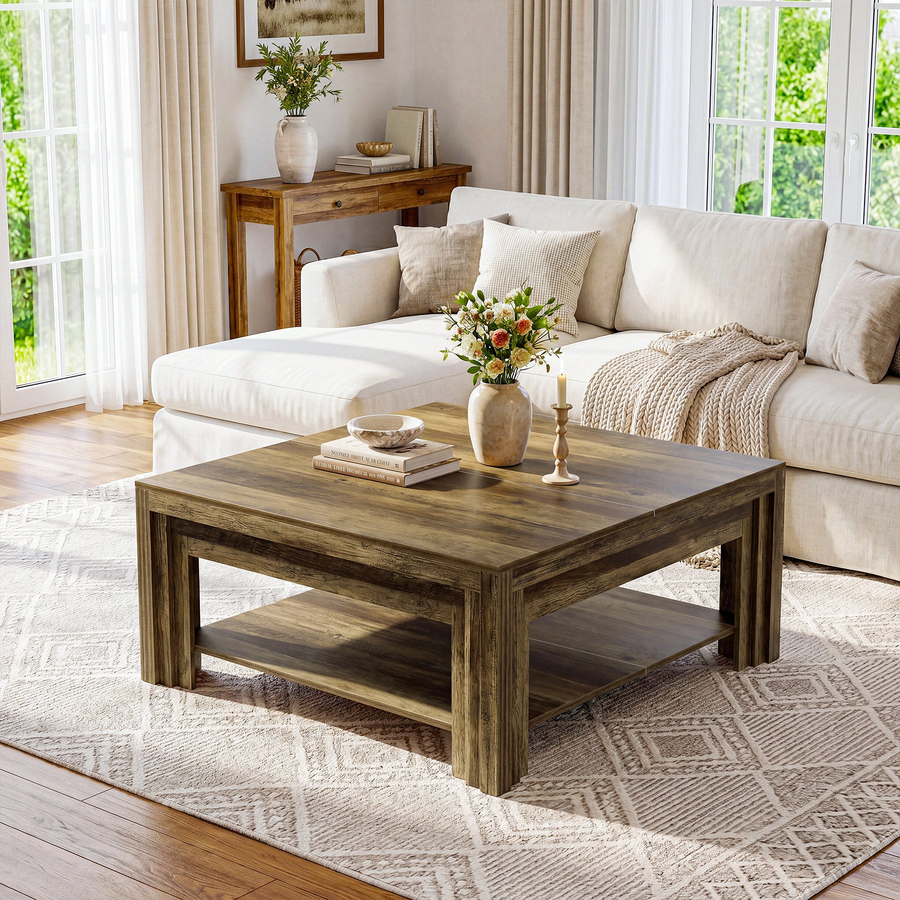Farmhouse Square Coffee Table with Shelf