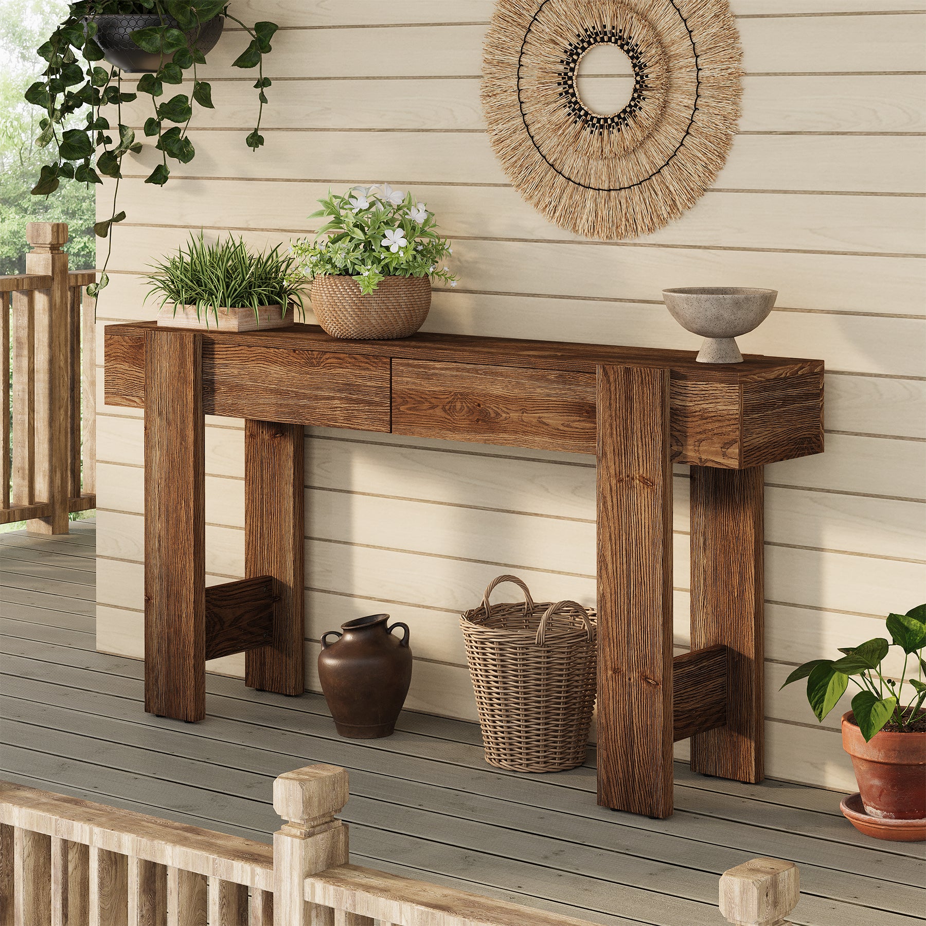 Solid Wood Console Table, 63" Long Entryway Table with 2 Drawers