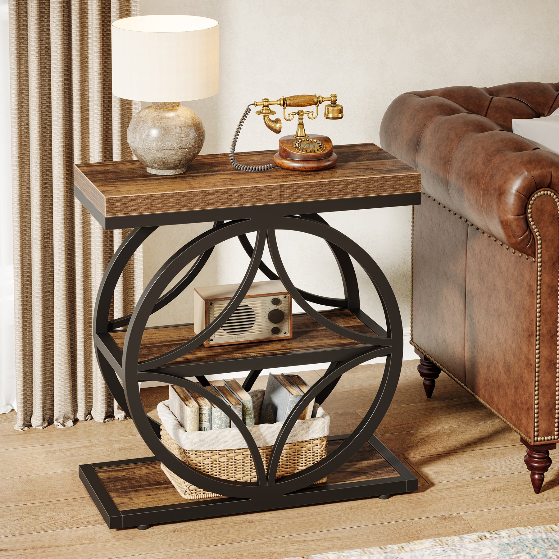 Industrial End Table, Narrow Bedside Table with 3 - Tier Storage Tribesigns