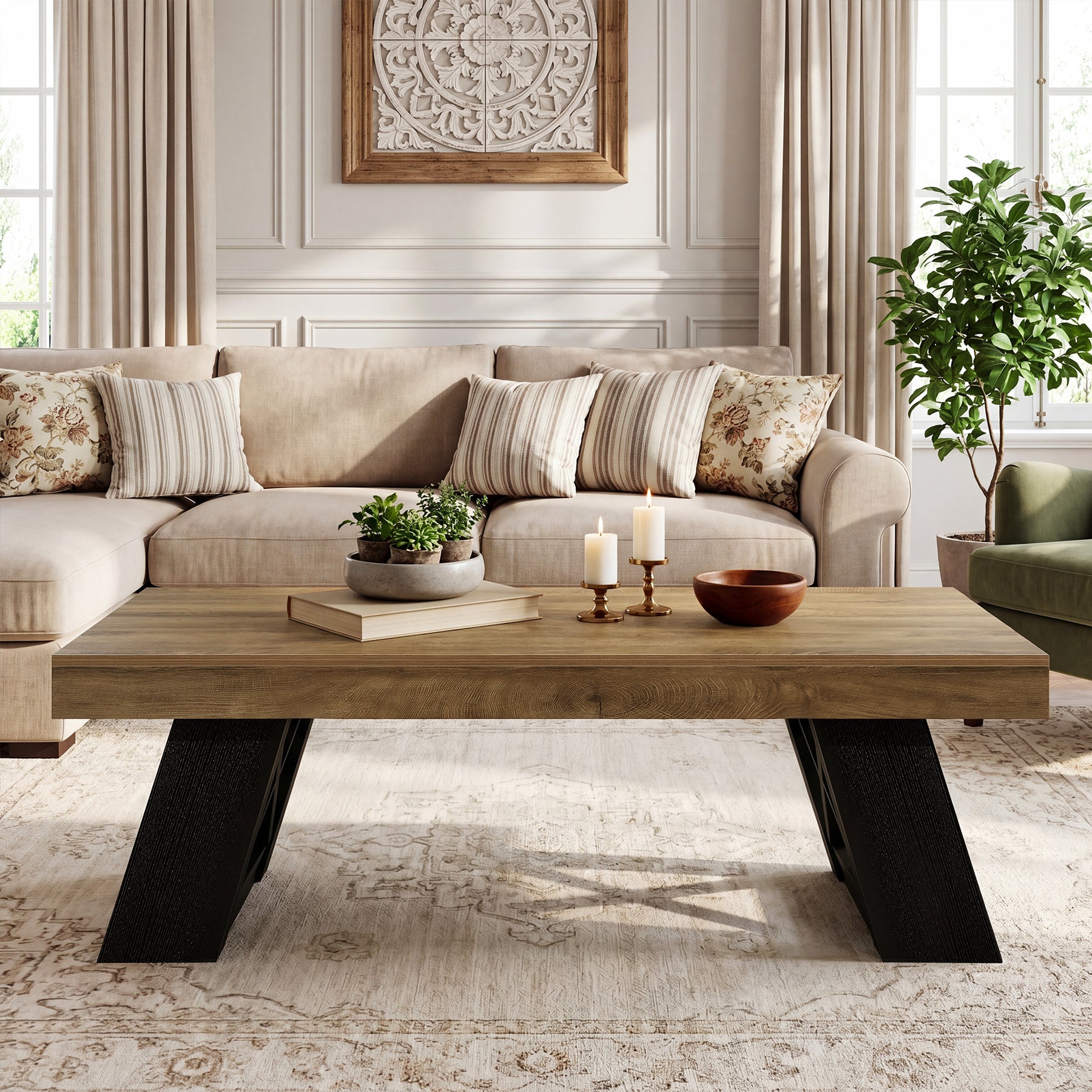 Tribesigns 55-Inch Large Coffee Table, Thick Top X-Frame Table for Living Room