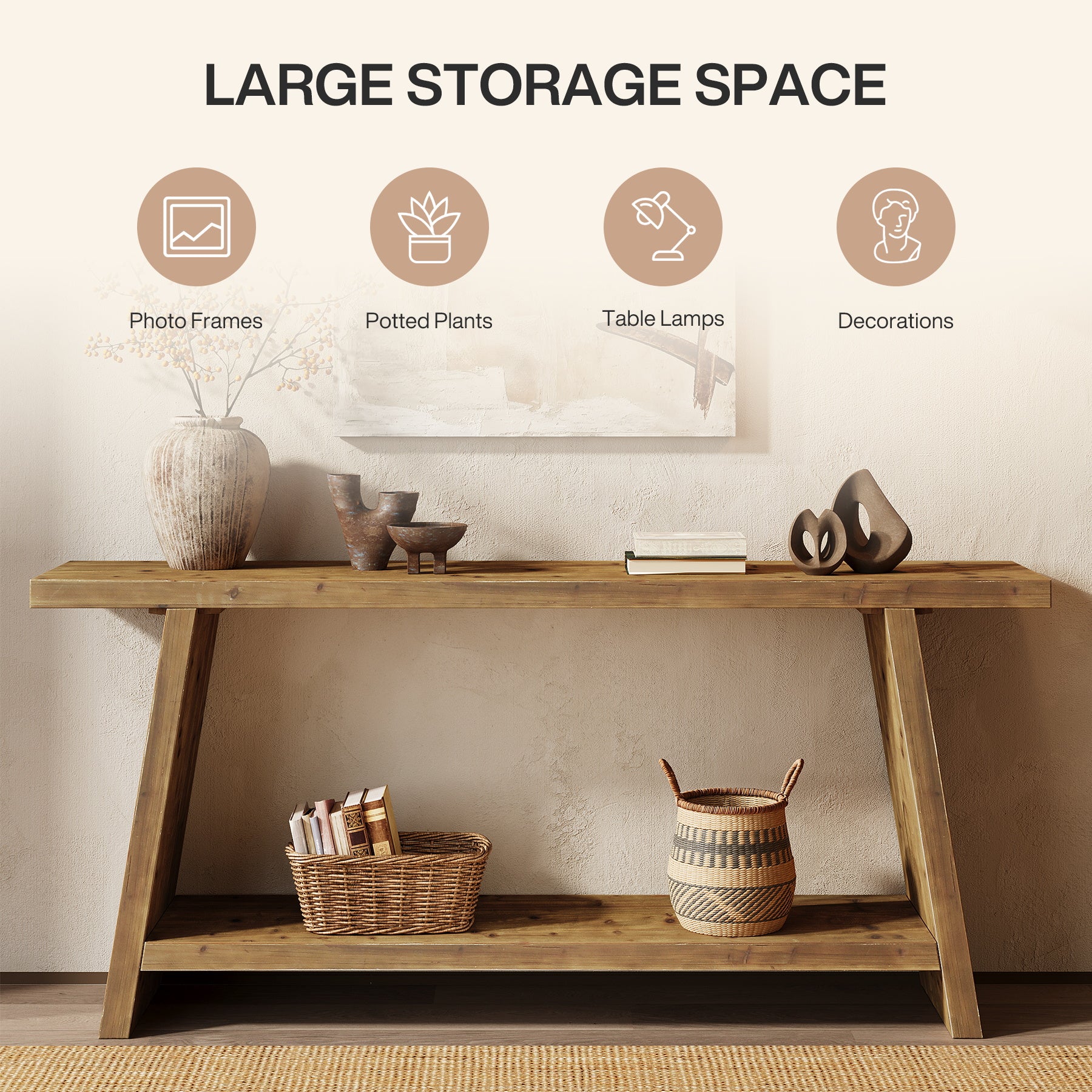 Solid Wood Console Table, 70.9" Sofa Table Behind Couch with 2-Tier Storage