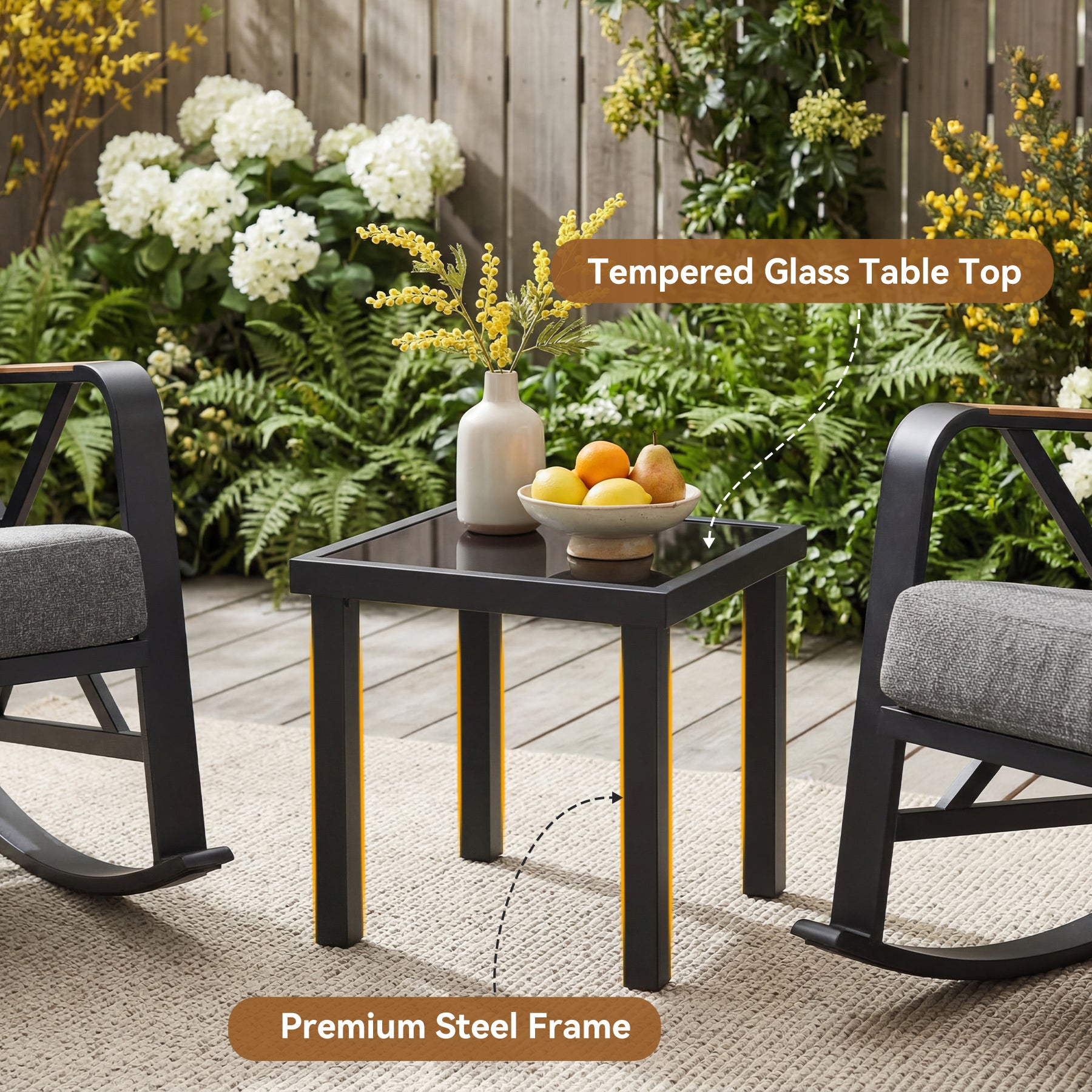 Outdoor Square End Table, Patio Side Table with Water-Resistant Glass Top