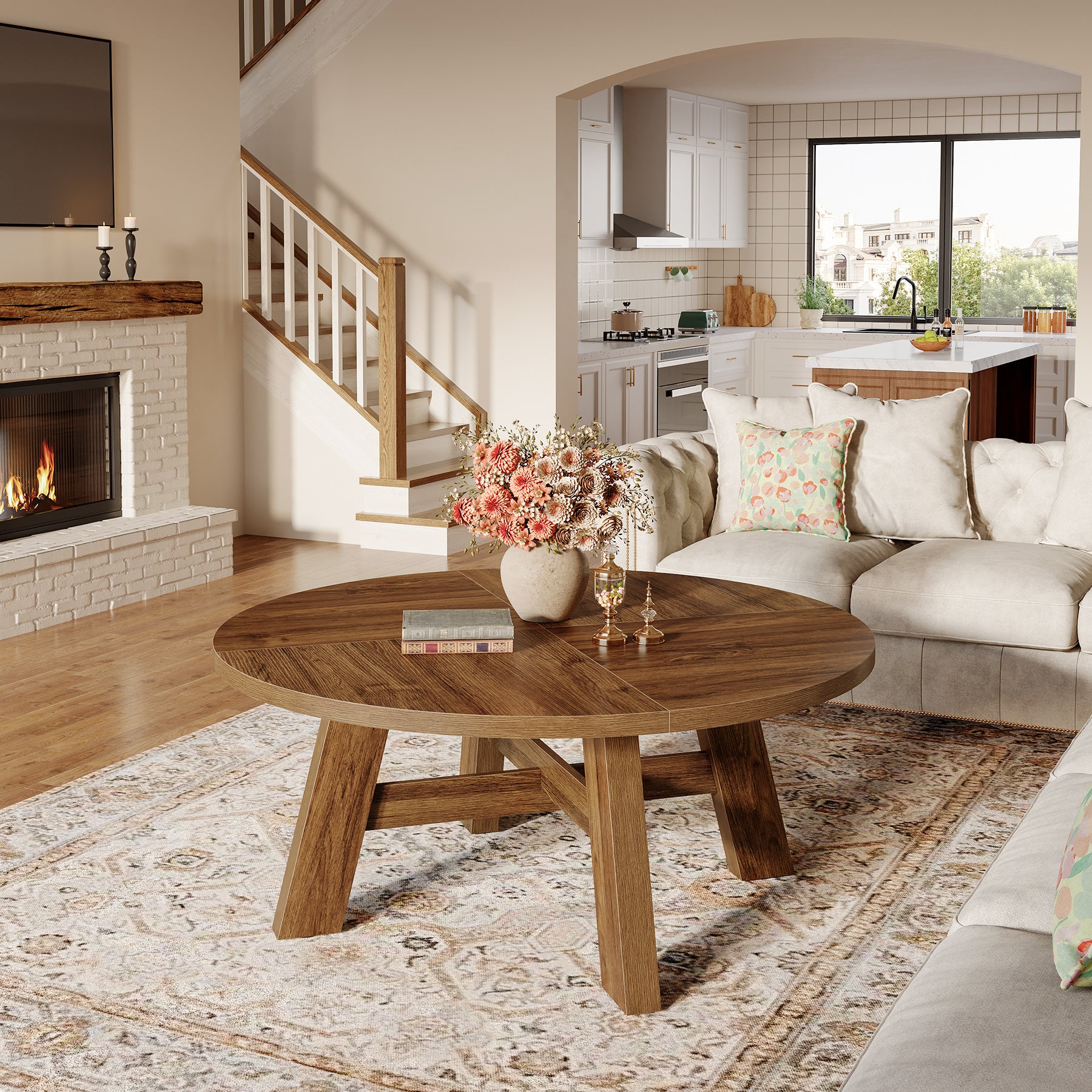 Round Coffee Table, 39" Circle Center Table with Reinforced Cross Brace