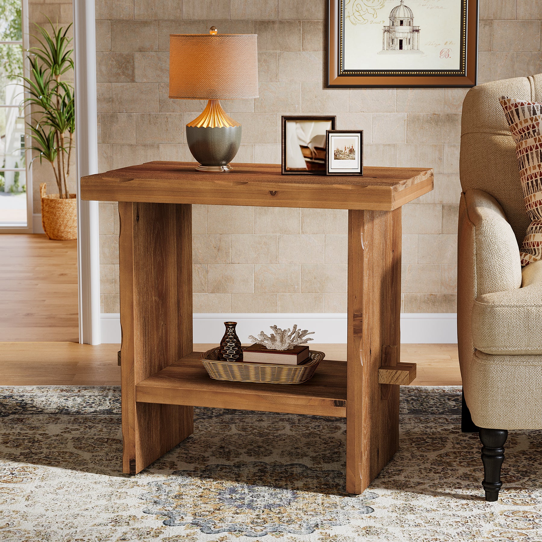 Tribesigns 23.62-Inch Solid Wood Side Table, Wooden End Table with Solid Base