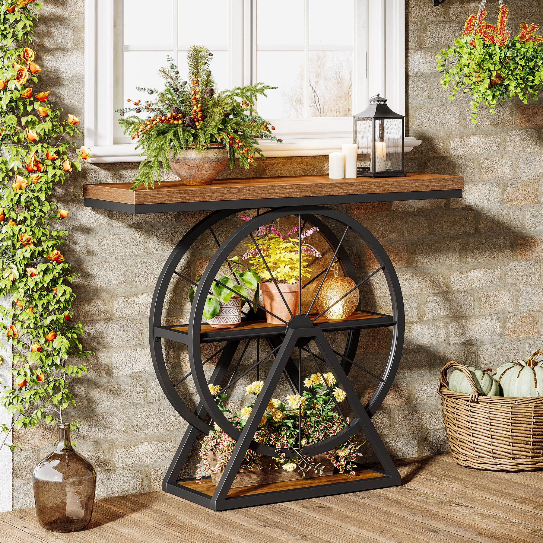 39.4" Industrial 3-Tier Console Table with Wheels, Narrow Entryway Sofa Table with Storage