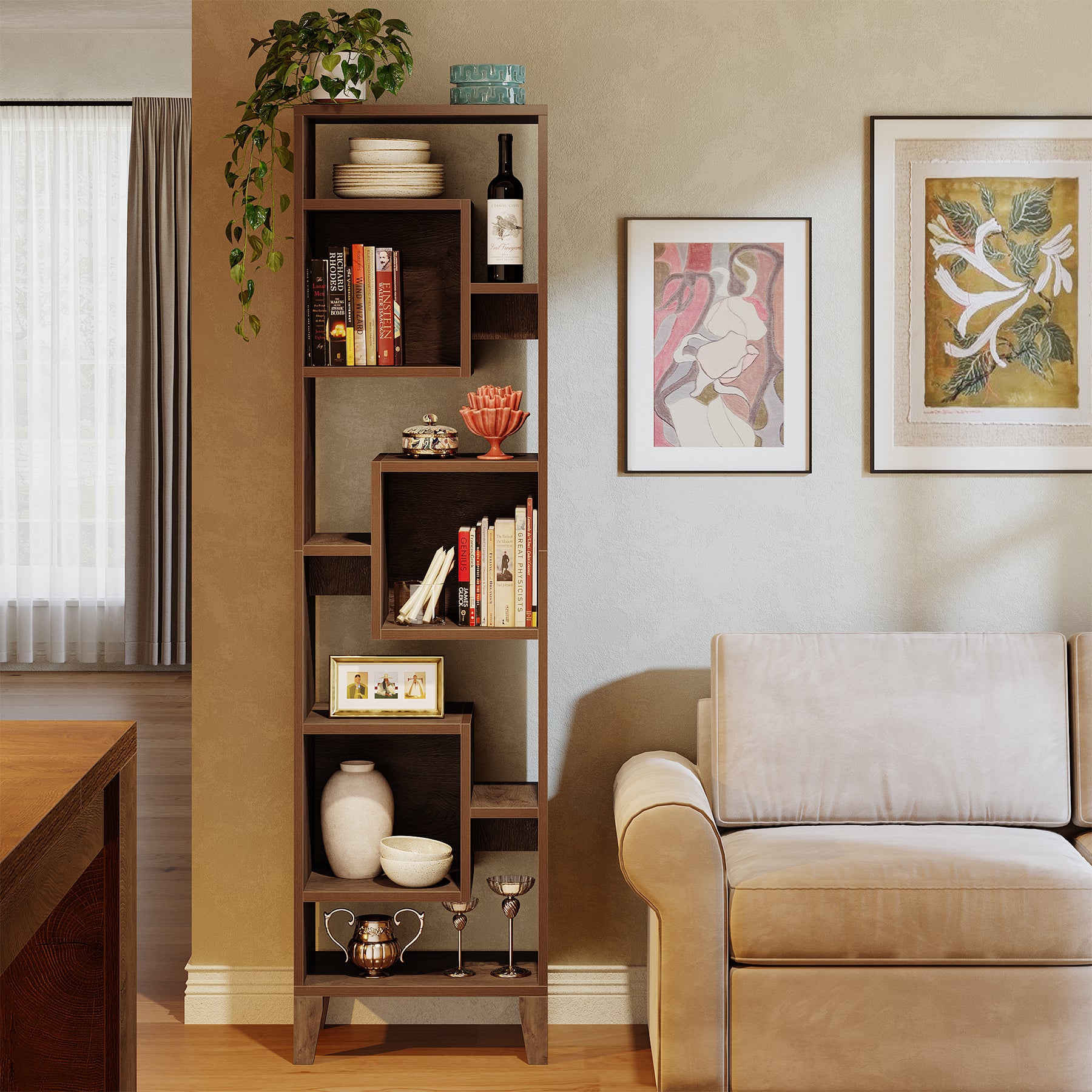 71" Narrow Bookshelf, 8-Tier Staggered Bookcase Etagere Display Shelf