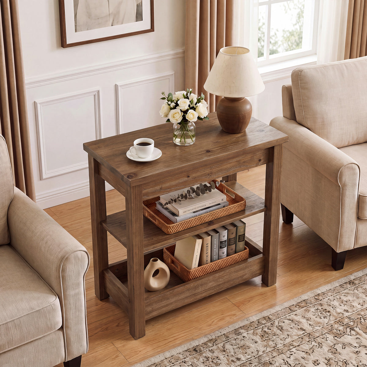 Tribesigns 23.62" Solid Wood End Table, 3-Tier Narrow Side Table for Living Room and Bedroom