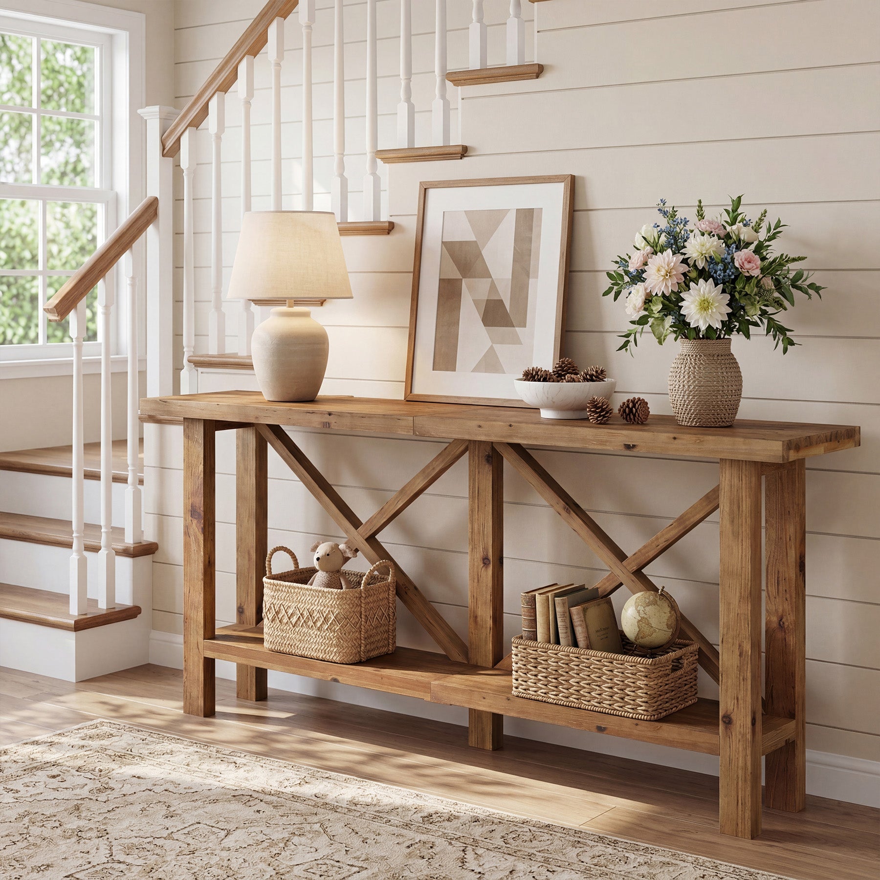 70.87" Solid Wood Console Table with Storage, Farmhouse Narrow Entryway & Sofa Table with X-Frame